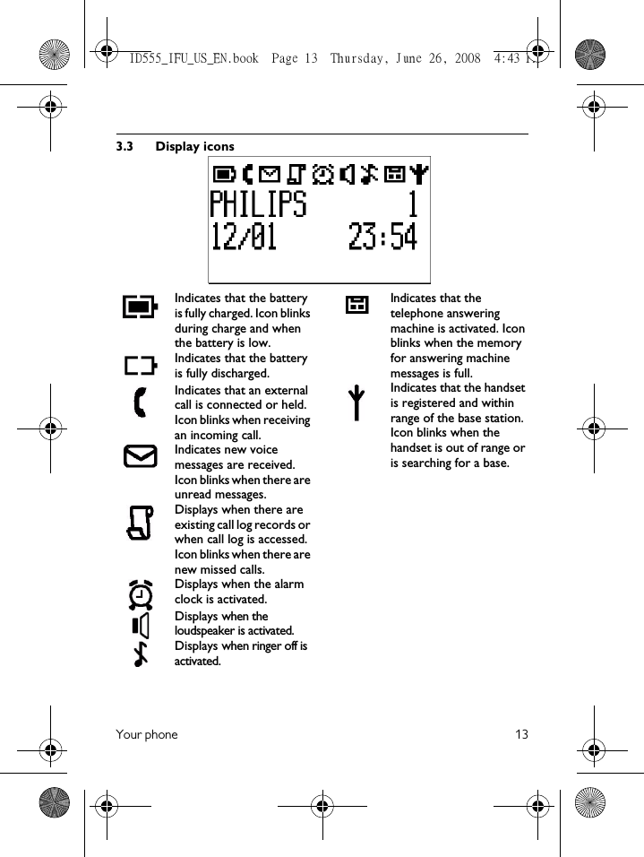 Your phone 133.3 Display iconsIndicates that the battery is fully charged. Icon blinks during charge and when the battery is low.Indicates that the battery is fully discharged.Indicates that an external call is connected or held. Icon blinks when receiving an incoming call.Indicates new voice messages are received. Icon blinks when there are unread messages.Displays when there are existing call log records or when call log is accessed. Icon blinks when there are new missed calls.Displays when the alarm clock is activated.Displays when the loudspeaker is activated.Displays when ringer off is activated.Indicates that the telephone answering machine is activated. Icon blinks when the memory for answering machine messages is full. Indicates that the handset is registered and within range of the base station. Icon blinks when the handset is out of range or is searching for a base.ID555_IFU_US_EN.book  Page 13  Thursday, June 26, 2008  4:43 PM