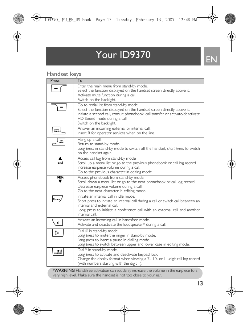 13ENYour ID9370Handset keysPress TomEnter the main menu from stand-by mode.Select the function displayed on the handset screen directly above it.Activate mute function during a call.Switch on the backlight.&gt;Go to redial list from stand-by mode.Select the function displayed on the handset screen directly above it.Initiate a second call, consult phonebook, call transfer or activate/deactivateHD Sound mode during a call.Switch on the backlight.rAnswer an incoming external or internal call.Insert R for operator services when on the line.eHang up a call.Return to stand-by mode. Long press in stand-by mode to switch off the handset, short press to switchon the handset again. uAccess call log from stand-by mode.Scroll up a menu list or go to the previous phonebook or call log record.Increase earpiece volume during a call.Go to the previous character in editing mode.dAccess phonebook from stand-by mode.Scroll down a menu list or go to the next phonebook or call log record.Decrease earpiece volume during a call.Go to the next character in editing mode.cInitiate an internal call in idle mode.Short press to initiate an internal call during a call or switch call between aninternal and external call.Long press to initiate a conference call with an external call and anotherinternal call.vAnswer an incoming call in handsfree mode.Activate and deactivate the loudspeaker* during a call.#Dial # in stand-by mode.Long press to mute the ringer in stand-by mode.Long press to insert a pause in dialling mode.Long press to switch between upper and lower case in editing mode.FDial * in stand-by mode.Long press to activate and deactivate keypad lock.Change the display format when viewing a 7-, 10- or 11-digit call log record(with numbers starting with the digit 1).*WARNING Handsfree activation can suddenly increase the volume in the earpiece to avery high level. Make sure the handset is not too close to your ear.ID9370_IFU_EN_US.book  Page 13  Tuesday, February 13, 2007  12:48 PM