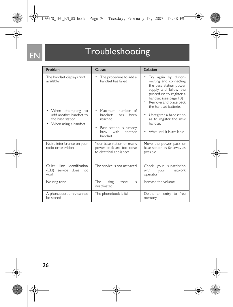 26EN TroubleshootingProblem Causes SolutionThe handset displays “notavailable”• When attempting toadd another handset tothe base station•  When using a handset•  The procedure to add ahandset has failed• Maximum number ofhandsets has beenreached•  Base station is alreadybusy with anotherhandset• Try again by discon-necting and connectingthe base station powersupply and follow theprocedure to register ahandset (see page 10)•  Remove and place backthe handset batteries•  Unregister a handset soas to register the newhandset•  Wait until it is availableNoise interference on yourradio or televisionYour base station or mainspower pack are too closeto electrical appliancesMove the power pack orbase station as far away aspossibleCaller Line Identification(CLI) service does notworkThe service is not activated Check  your  subscriptionwith your networkoperatorNo ring tone The ring tone isdeactivatedIncrease the volume A phonebook entry cannotbe storedThe phonebook is full  Delete  an  entry  to  freememoryID9370_IFU_EN_US.book  Page 26  Tuesday, February 13, 2007  12:48 PM