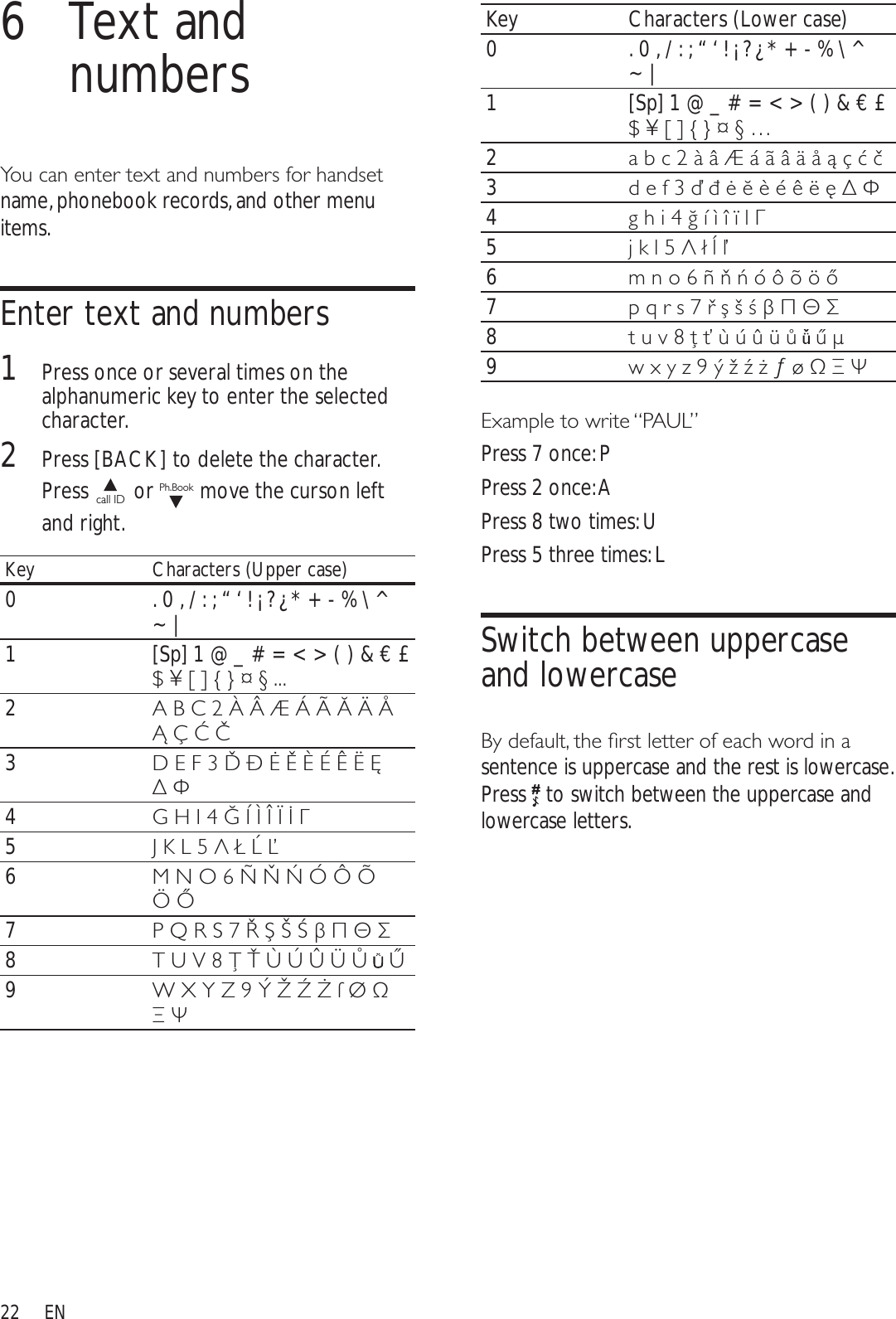 22Key Characters (Lower case)0 . 0 , / : ; “ ‘ ! ¡ ? ¿ * + - % \ ^ ~ |1 [Sp] 1 @ _ # = &lt; &gt; ( ) &amp; € £ &gt;@^`ʔ«2DEFjkimklnĀoĂĈ3GHIĊČĒĐqprsĔƅƖ4JKLĚtuvwOƄ5MNOƌãĴĸ6PQRxŀļy{}|ŉ7STUVŏŕåőƢƑƉƓ8WXYŗř~ţ ťƬ9Z[\]îçŭů¦¡ƙƏƘ([DPSOHWRZULWH´3$8/µPress 7 once: PPress 2 once: APress 8 two times: UPress 5 three times: LSwitch between uppercase and lowercase%\GHIDXOWWKHÀUVWOHWWHURIHDFKZRUGLQDsentence is uppercase and the rest is lowercase. Press  to switch between the uppercase and lowercase letters.6 Text and numbers&lt;RXFDQHQWHUWH[WDQGQXPEHUVIRUKDQGVHWname, phonebook records, and other menu items.Enter text and numbers1Press once or several times on the alphanumeric key to enter the selected character.2Press [BACK] to delete the character. Press call ID  or Ph.Book move the curson left and right.Key Characters (Upper case)0 . 0 , / : ; “ ‘ ! ¡ ? ¿ * + - % \ ^ ~ |1 [Sp] 1 @ _ # = &lt; &gt; ( ) &amp; € £ &gt;@^`ʔ2$%&amp;ÇÉ®ýbcÿdāć3&apos;()ĉëđĕËeÈÊēƅƖ4*+,ęÌÏÍÎīƄ5-./ƌâĳķ6012fĿĻÐÑ¯gň73456ŎŔäŐƢƑƉƓ8789ŖŘÖÔÕhŢ Ť9:;&lt;=íæŬŮŰƙƏƘEN