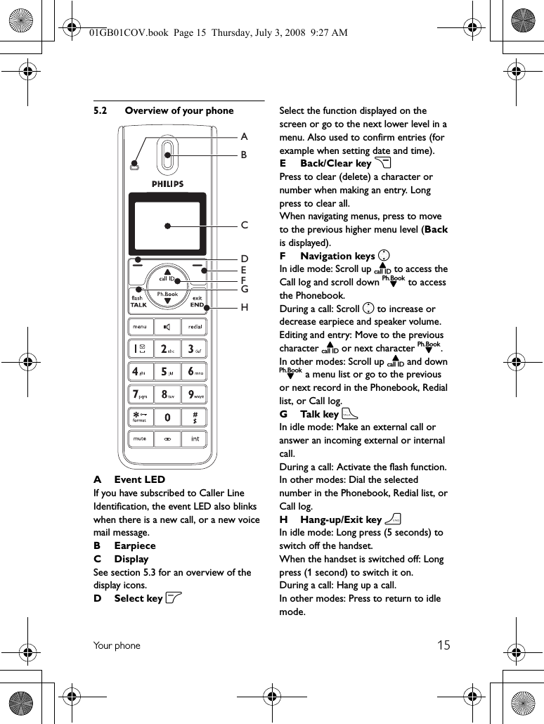 15Yo u r  p h o n e5.2 Overview of your phone AEvent LEDIf you have subscribed to Caller Line Identification, the event LED also blinks when there is a new call, or a new voice mail message.BEarpieceCDisplaySee section 5.3 for an overview of the display icons.D Select key oSelect the function displayed on the screen or go to the next lower level in a menu. Also used to confirm entries (for example when setting date and time).EBack/Clear key cPress to clear (delete) a character or number when making an entry. Long press to clear all.When navigating menus, press to move to the previous higher menu level (Back is displayed).F Navigation keys nIn idle mode: Scroll up u to access the Call log and scroll down d to access the Phonebook.During a call: Scroll n to increase or decrease earpiece and speaker volume.Editing and entry: Move to the previous character u or next character d. In other modes: Scroll up u and down d a menu list or go to the previous or next record in the Phonebook, Redial list, or Call log.GTalk key tIn idle mode: Make an external call or answer an incoming external or internal call.During a call: Activate the flash function.In other modes: Dial the selected number in the Phonebook, Redial list, or Call log.H Hang-up/Exit key hIn idle mode: Long press (5 seconds) to switch off the handset.When the handset is switched off: Long press (1 second) to switch it on.During a call: Hang up a call.In other modes: Press to return to idle mode.CEDGHFBA01GB01COV.book  Page 15  Thursday, July 3, 2008  9:27 AM