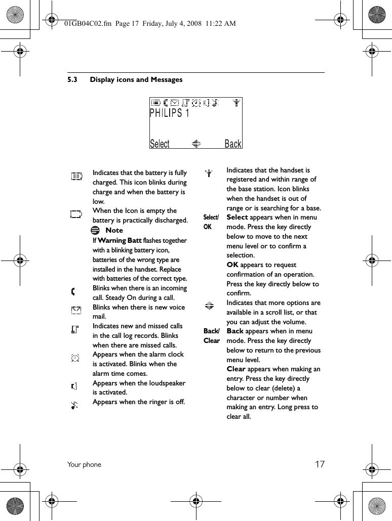 17Yo u r  p h o n e5.3 Display icons and Messages Indicates that the battery is fully charged. This icon blinks during charge and when the battery is low. When the Icon is empty the battery is practically discharged.If Warning Batt flashes together with a blinking battery icon, batteries of the wrong type are installed in the handset. Replace with batteries of the correct type. Blinks when there is an incoming call. Steady On during a call. Blinks when there is new voice mail. Indicates new and missed calls in the call log records. Blinks when there are missed calls. Appears when the alarm clock is activated. Blinks when the alarm time comes. Appears when the loudspeaker is activated. Appears when the ringer is off.Note Indicates that the handset is registered and within range of the base station. Icon blinks when the handset is out of range or is searching for a base.Select/OKSelect appears when in menu mode. Press the key directly below to move to the next menu level or to confirm a selection.OK appears to request confirmation of an operation. Press the key directly below to confirm. Indicates that more options are available in a scroll list, or that you can adjust the volume.Back/ClearBack appears when in menu mode. Press the key directly below to return to the previous menu level.Clear appears when making an entry. Press the key directly below to clear (delete) a character or number when making an entry. Long press to clear all.01GB04C02.fm  Page 17  Friday, July 4, 2008  11:22 AM