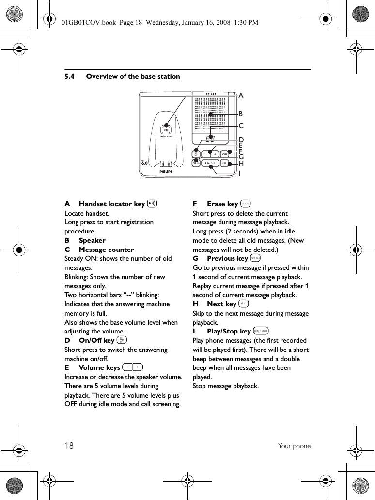 18 Yo u r  p h on e5.4 Overview of the base stationA Handset locator key aLocate handset.Long press to start registration procedure.BSpeakerC Message counterSteady ON: shows the number of old messages.Blinking: Shows the number of new messages only.Two horizontal bars “--” blinking: Indicates that the answering machine memory is full.Also shows the base volume level when adjusting the volume.DOn/Off key eShort press to switch the answering machine on/off.EVolume keys -+Increase or decrease the speaker volume.There are 5 volume levels during playback. There are 5 volume levels plus OFF during idle mode and call screening.FErase key xShort press to delete the current message during message playback.Long press (2 seconds) when in idle mode to delete all old messages. (New messages will not be deleted.)G Previous key bGo to previous message if pressed within 1 second of current message playback.Replay current message if pressed after 1 second of current message playback.H Next key fSkip to the next message during message playback.I Play/Stop key pPlay phone messages (the first recorded will be played first). There will be a short beep between messages and a double beep when all messages have been played.Stop message playback.BFHDGEIAC01GB01COV.book  Page 18  Wednesday, January 16, 2008  1:30 PM