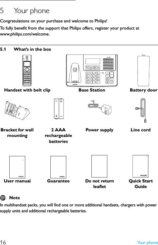 16 Yo u r  p h o n e5 Your phoneCongratulations on your purchase and welcome to Philips!To fully benefit from the support that Philips offers, register your product at www.philips.com/welcome.5.1 What’s in the boxIn multihandset packs, you will find one or more additional handsets, chargers with power supply units and additional rechargeable batteries.Handset with belt clip Base Station Battery doorBracket for wall mounting2 AAA rechargeable batteriesPower supply Line cordUser manual GuaranteeDo not return leafletQuick Start GuideNote