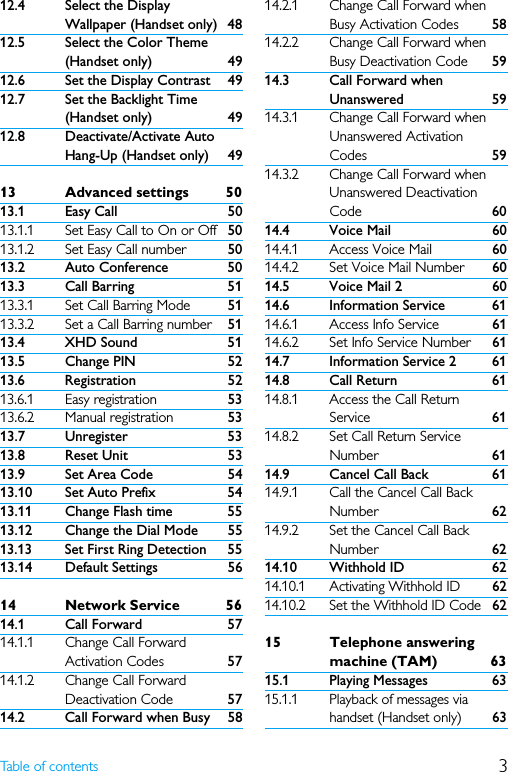 3Table of contents12.4 Select the Display Wallpaper (Handset only) 4812.5 Select the Color Theme (Handset only) 4912.6 Set the Display Contrast 4912.7 Set the Backlight Time (Handset only) 4912.8 Deactivate/Activate Auto Hang-Up (Handset only) 4913 Advanced settings 5013.1 Easy Call 5013.1.1 Set Easy Call to On or Off 5013.1.2 Set Easy Call number 5013.2 Auto Conference 5013.3 Call Barring 5113.3.1 Set Call Barring Mode 5113.3.2 Set a Call Barring number 5113.4 XHD Sound 5113.5 Change PIN 5213.6 Registration 5213.6.1 Easy registration 5313.6.2 Manual registration 5313.7 Unregister 5313.8 Reset Unit 5313.9 Set Area Code 5413.10 Set Auto Prefix 5413.11 Change Flash time 5513.12 Change the Dial Mode 5513.13 Set First Ring Detection 5513.14 Default Settings 5614 Network Service 5614.1 Call Forward 5714.1.1 Change Call Forward Activation Codes 5714.1.2 Change Call Forward Deactivation Code 5714.2 Call Forward when Busy 5814.2.1 Change Call Forward when Busy Activation Codes 5814.2.2 Change Call Forward when Busy Deactivation Code 5914.3 Call Forward when Unanswered 5914.3.1 Change Call Forward when Unanswered Activation Codes 5914.3.2 Change Call Forward when Unanswered Deactivation Code 6014.4 Voice Mail 6014.4.1 Access Voice Mail 6014.4.2 Set Voice Mail Number 6014.5 Voice Mail 2 6014.6 Information Service 6114.6.1 Access Info Service 6114.6.2 Set Info Service Number 6114.7 Information Service 2 6114.8 Call Return 6114.8.1 Access the Call Return Service 6114.8.2 Set Call Return Service Number 6114.9 Cancel Call Back 6114.9.1 Call the Cancel Call Back Number 6214.9.2 Set the Cancel Call Back Number 6214.10 Withhold ID 6214.10.1 Activating Withhold ID 6214.10.2 Set the Withhold ID Code 6215 Telephone answering machine (TAM) 6315.1 Playing Messages 6315.1.1 Playback of messages via handset (Handset only) 63