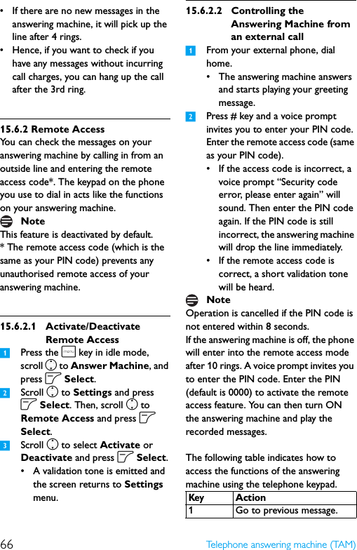 66 Telephone answering machine (TAM)• If there are no new messages in the answering machine, it will pick up the line after 4 rings.• Hence, if you want to check if you have any messages without incurring call charges, you can hang up the call after the 3rd ring.15.6.2 Remote AccessYou can check the messages on your answering machine by calling in from an outside line and entering the remote access code*. The keypad on the phone you use to dial in acts like the functions on your answering machine.This feature is deactivated by default.* The remote access code (which is the same as your PIN code) prevents any unauthorised remote access of your answering machine.15.6.2.1 Activate/Deactivate Remote Access1Press the m key in idle mode, scroll n to Answer Machine, and press o Select.2Scroll n to Settings and press o Select. Then, scroll n to Remote Access and press o Select.3Scroll n to select Activate or Deactivate and press o Select.• A validation tone is emitted and the screen returns to Settings menu.15.6.2.2 Controlling the Answering Machine from an external call 1From your external phone, dial home.• The answering machine answers and starts playing your greeting message.2Press # key and a voice prompt invites you to enter your PIN code. Enter the remote access code (same as your PIN code).• If the access code is incorrect, a voice prompt “Security code error, please enter again” will sound. Then enter the PIN code again. If the PIN code is still incorrect, the answering machine will drop the line immediately.• If the remote access code is correct, a short validation tone will be heard.Operation is cancelled if the PIN code is not entered within 8 seconds.If the answering machine is off, the phone will enter into the remote access mode after 10 rings. A voice prompt invites you to enter the PIN code. Enter the PIN (default is 0000) to activate the remote access feature. You can then turn ON the answering machine and play the recorded messages.The following table indicates how to access the functions of the answering machine using the telephone keypad.NoteNoteKeyAction1 Go to previous message.
