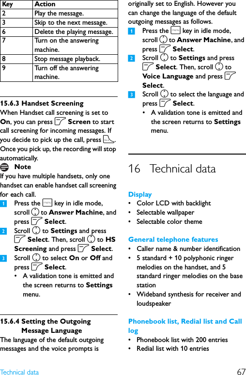 67Technical data15.6.3 Handset ScreeningWhen Handset call screening is set to On, you can press o Screen to start call screening for incoming messages. If you decide to pick up the call, press t. Once you pick up, the recording will stop automatically. If you have multiple handsets, only one handset can enable handset call screening for each call.1Press the m key in idle mode, scroll n to Answer Machine, and press o Select.2Scroll n to Settings and press o Select. Then, scroll n to HS Screening and press o Select.3Scroll n to select On or Off and press o Select.• A validation tone is emitted and the screen returns to Settings menu.15.6.4 Setting the Outgoing Message LanguageThe language of the default outgoing messages and the voice prompts is originally set to English. However you can change the language of the default outgoing messages as follows.1Press the m key in idle mode, scroll n to Answer Machine, and press o Select.2Scroll n to Settings and press o Select. Then, scroll n to Voice Language and press o Select.3Scroll n to select the language and press o Select.• A validation tone is emitted and the screen returns to Settings menu.16 Technical dataDisplay• Color LCD with backlight• Selectable wallpaper• Selectable color themeGeneral telephone features• Caller name &amp; number identification• 5 standard + 10 polyphonic ringer melodies on the handset, and 5 standard ringer melodies on the base station• Wideband synthesis for receiver and loudspeakerPhonebook list, Redial list and Call log• Phonebook list with 200 entries• Redial list with 10 entries2 Play the message.3 Skip to the next message.6 Delete the playing message.7 Turn on the answering machine.8 Stop message playback.9 Turn off the answering machine.NoteKeyAction