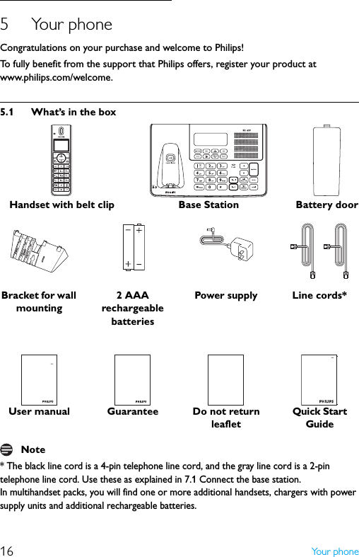 16 Yo u r  p h o n e5 Your phoneCongratulations on your purchase and welcome to Philips!To fully benefit from the support that Philips offers, register your product at www.philips.com/welcome.5.1 What’s in the box* The black line cord is a 4-pin telephone line cord, and the gray line cord is a 2-pin telephone line cord. Use these as explained in 7.1 Connect the base station.In multihandset packs, you will find one or more additional handsets, chargers with power supply units and additional rechargeable batteries.Handset with belt clip Base Station Battery doorBracket for wall mounting2 AAA rechargeable batteriesPower supply Line cords*User manual Guarantee Do not return leafletQuick Start GuideNote
