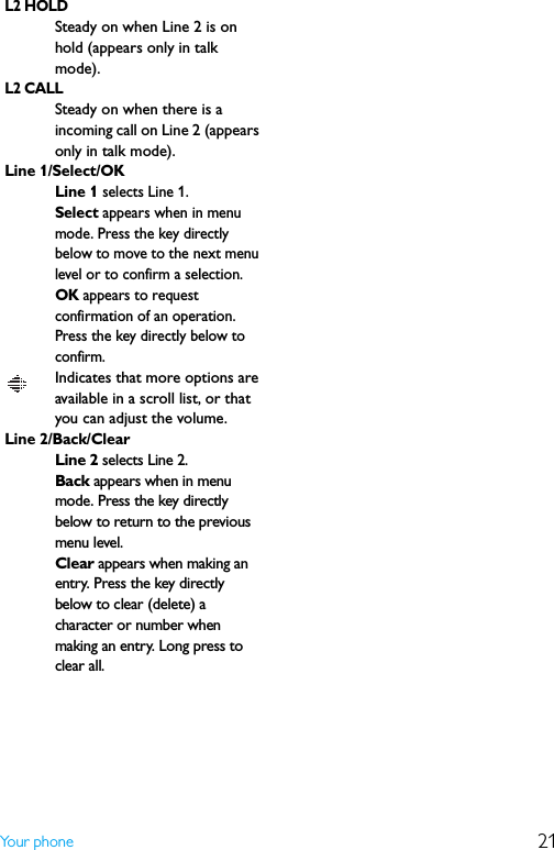 21Yo ur  p h o n eL2 HOLDSteady on when Line 2 is on hold (appears only in talk mode).L2 CALL Steady on when there is a incoming call on Line 2 (appears only in talk mode).Line 1/Select/OKLine 1 selects Line 1.Select appears when in menu mode. Press the key directly below to move to the next menu level or to confirm a selection.OK appears to request confirmation of an operation. Press the key directly below to confirm. Indicates that more options are available in a scroll list, or that you can adjust the volume.Line 2/Back/ClearLine 2 selects Line 2.Back appears when in menu mode. Press the key directly below to return to the previous menu level.Clear appears when making an entry. Press the key directly below to clear (delete) a character or number when making an entry. Long press to clear all.