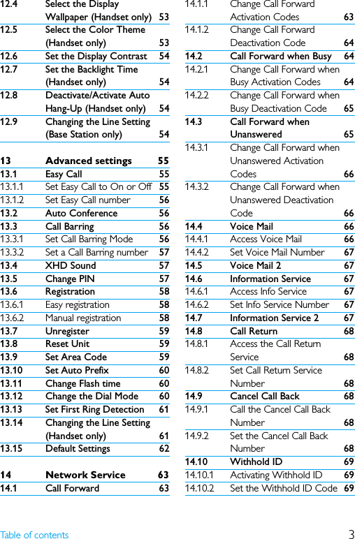 3Table of contents12.4 Select the Display Wallpaper (Handset only) 5312.5 Select the Color Theme (Handset only) 5312.6 Set the Display Contrast 5412.7 Set the Backlight Time (Handset only) 5412.8 Deactivate/Activate Auto Hang-Up (Handset only) 5412.9 Changing the Line Setting (Base Station only) 5413 Advanced settings 5513.1 Easy Call 5513.1.1 Set Easy Call to On or Off 5513.1.2 Set Easy Call number 5613.2 Auto Conference 5613.3 Call Barring 5613.3.1 Set Call Barring Mode 5613.3.2 Set a Call Barring number 5713.4 XHD Sound 5713.5 Change PIN 5713.6 Registration 5813.6.1 Easy registration 5813.6.2 Manual registration 5813.7 Unregister 5913.8 Reset Unit 5913.9 Set Area Code 5913.10 Set Auto Prefix 6013.11 Change Flash time 6013.12 Change the Dial Mode 6013.13 Set First Ring Detection 6113.14 Changing the Line Setting (Handset only) 6113.15 Default Settings 6214 Network Service 6314.1 Call Forward 6314.1.1 Change Call Forward Activation Codes 6314.1.2 Change Call Forward Deactivation Code 6414.2 Call Forward when Busy 6414.2.1 Change Call Forward when Busy Activation Codes 6414.2.2 Change Call Forward when Busy Deactivation Code 6514.3 Call Forward when Unanswered 6514.3.1 Change Call Forward when Unanswered Activation Codes 6614.3.2 Change Call Forward when Unanswered Deactivation Code 6614.4 Voice Mail 6614.4.1 Access Voice Mail 6614.4.2 Set Voice Mail Number 6714.5 Voice Mail 2 6714.6 Information Service 6714.6.1 Access Info Service 6714.6.2 Set Info Service Number 6714.7 Information Service 2 6714.8 Call Return 6814.8.1 Access the Call Return Service 6814.8.2 Set Call Return Service Number 6814.9 Cancel Call Back 6814.9.1 Call the Cancel Call Back Number 6814.9.2 Set the Cancel Call Back Number 6814.10 Withhold ID 6914.10.1 Activating Withhold ID 6914.10.2 Set the Withhold ID Code 69