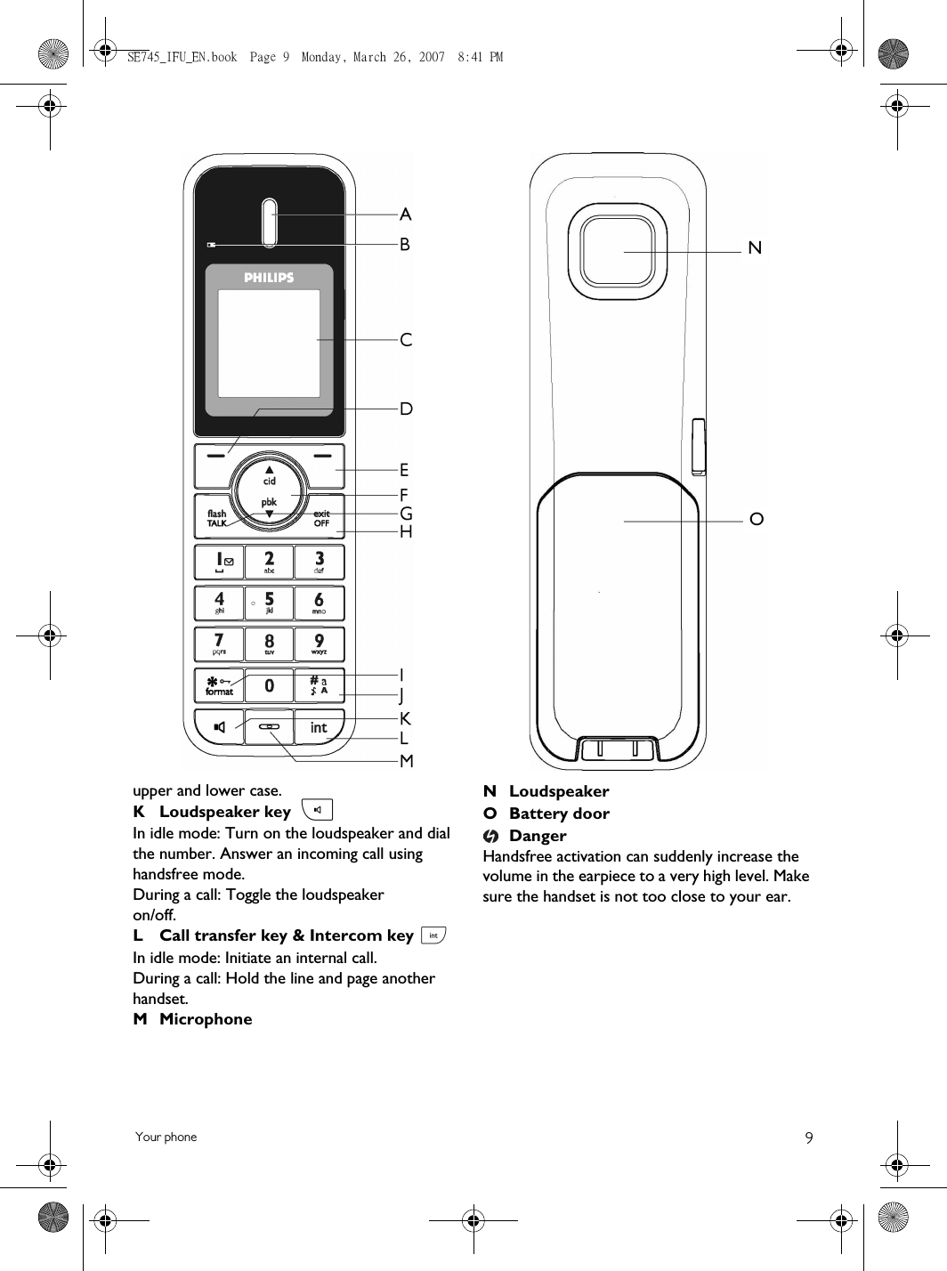 9Your phoneupper and lower case.K Loudspeaker key In idle mode: Turn on the loudspeaker and dial the number. Answer an incoming call using handsfree mode. During a call: Toggle the loudspeakeron/off.L Call transfer key &amp; Intercom key In idle mode: Initiate an internal call.During a call: Hold the line and page another handset.MMicrophoneN LoudspeakerO Battery doorDangerHandsfree activation can suddenly increase the volume in the earpiece to a very high level. Make sure the handset is not too close to your ear.vcNOSE745_IFU_EN.book  Page 9  Monday, March 26, 2007  8:41 PM