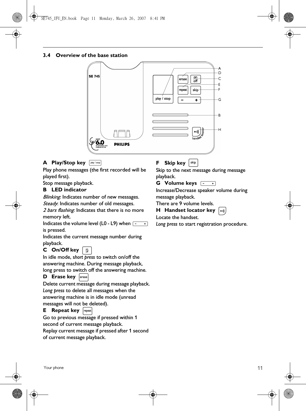 11Your phone3.4 Overview of the base stationA Play/Stop key Play phone messages (the first recorded will be played first).Stop message playback.B LED indicator Blinking: Indicates number of new messages.Steady: Indicates number of old messages.2 bars flashing: Indicates that there is no more memory left.Indicates the volume level (L0 - L9) when V is pressed.Indicates the current message number during playback.COn/Off key In idle mode, short press to switch on/off the answering machine. During message playback, long press to switch off the answering machine.DErase key Delete current message during message playback.Long press to delete all messages when the answering machine is in idle mode (unread messages will not be deleted).E Repeat key Go to previous message if pressed within 1 second of current message playback.Replay current message if pressed after 1 second of current message playback.F Skip key Skip to the next message during message playback.G Volume keys Increase/Decrease speaker volume during message playback.There are 9 volume levels.HHandset locator key Locate the handset.Long press to start registration procedure.PoxlRVCSE745_IFU_EN.book  Page 11  Monday, March 26, 2007  8:41 PM