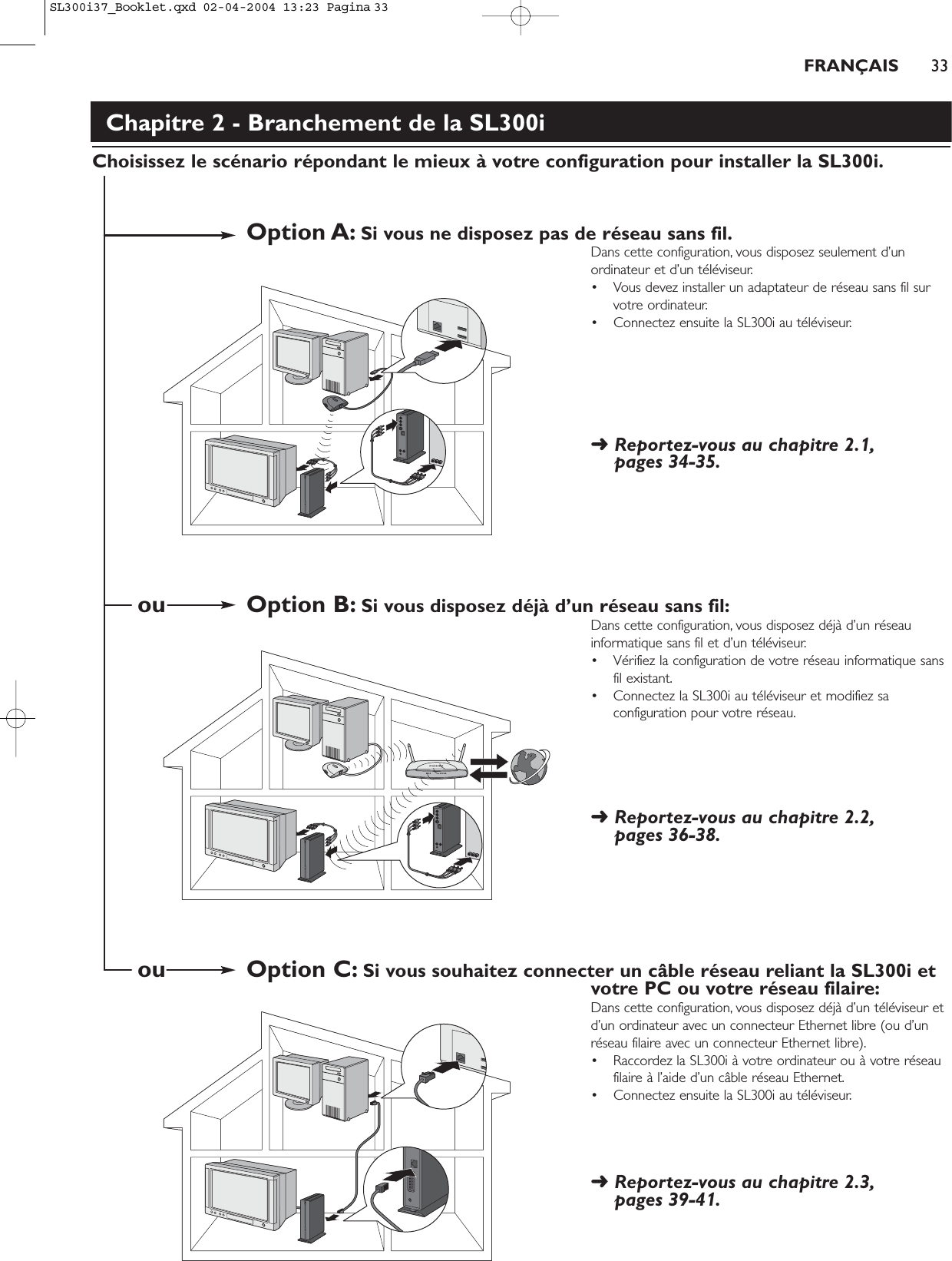 FRANÇAIS 33Chapitre 2 - Branchement de la SL300iChoisissez le scénario répondant le mieux à votre configuration pour installer la SL300i.Option A: Si vous ne disposez pas de réseau sans fil.Dans cette configuration, vous disposez seulement d’unordinateur et d’un téléviseur.• Vous devez installer un adaptateur de réseau sans fil survotre ordinateur.• Connectez ensuite la SL300i au téléviseur.➜ Reportez-vous au chapitre 2.1,pages 34-35.ou Option B: Si vous disposez déjà d’un réseau sans fil:Dans cette configuration, vous disposez déjà d’un réseauinformatique sans fil et d’un téléviseur.• Vérifiez la configuration de votre réseau informatique sansfil existant.• Connectez la SL300i au téléviseur et modifiez saconfiguration pour votre réseau.➜ Reportez-vous au chapitre 2.2,pages 36-38.ou Option C: Si vous souhaitez connecter un câble réseau reliant la SL300i etvotre PC ou votre réseau filaire:Dans cette configuration, vous disposez déjà d’un téléviseur etd’un ordinateur avec un connecteur Ethernet libre (ou d’unréseau filaire avec un connecteur Ethernet libre).• Raccordez la SL300i à votre ordinateur ou à votre réseaufilaire à l’aide d’un câble réseau Ethernet.• Connectez ensuite la SL300i au téléviseur.➜ Reportez-vous au chapitre 2.3,pages 39-41.SL300i37_Booklet.qxd  02-04-2004  13:23  Pagina 33