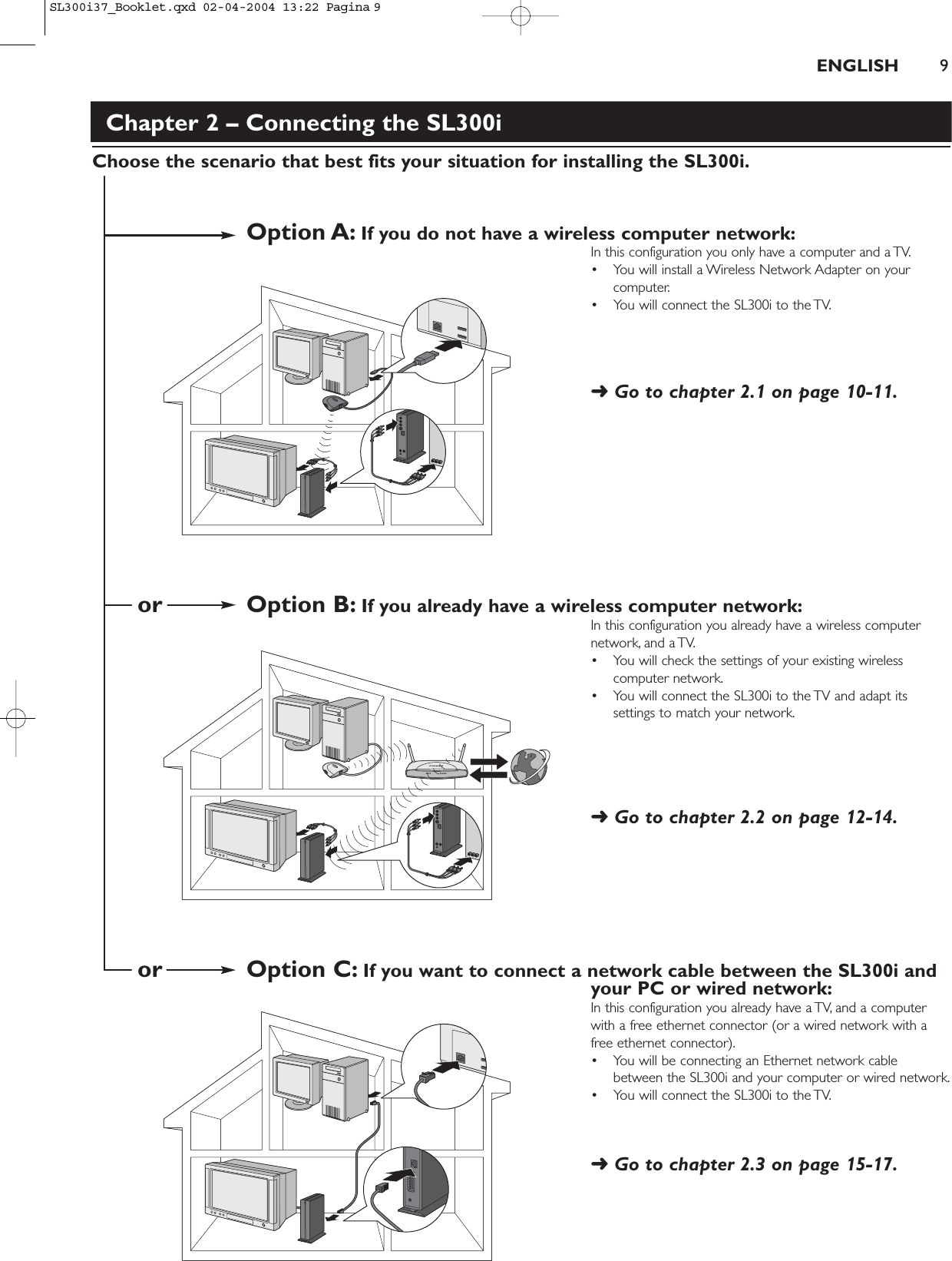 ENGLISH 9Chapter 2 – Connecting the SL300iChoose the scenario that best fits your situation for installing the SL300i.Option A: If you do not have a wireless computer network:In this configuration you only have a computer and a TV.• You will install a Wireless Network Adapter on yourcomputer.• You will connect the SL300i to the TV.➜Go to chapter 2.1 on page 10-11.or Option B: If you already have a wireless computer network:In this configuration you already have a wireless computernetwork, and a TV.• You will check the settings of your existing wirelesscomputer network.• You will connect the SL300i to the TV and adapt itssettings to match your network.➜Go to chapter 2.2 on page 12-14.or Option C: If you want to connect a network cable between the SL300i and your PC or wired network:In this configuration you already have a TV, and a computerwith a free ethernet connector (or a wired network with afree ethernet connector).• You will be connecting an Ethernet network cablebetween the SL300i and your computer or wired network.• You will connect the SL300i to the TV.➜Go to chapter 2.3 on page 15-17.SL300i37_Booklet.qxd  02-04-2004  13:22  Pagina 9