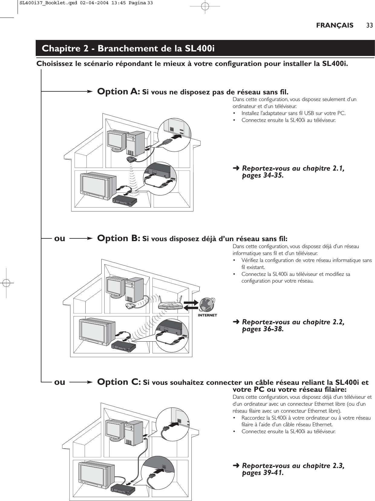 FRANÇAIS 33Chapitre 2 - Branchement de la SL400iChoisissez le scénario répondant le mieux à votre configuration pour installer la SL400i.Option A: Si vous ne disposez pas de réseau sans fil.Dans cette configuration, vous disposez seulement d’unordinateur et d’un téléviseur.• Installez l’adaptateur sans fil USB sur votre PC.• Connectez ensuite la SL400i au téléviseur.➜ Reportez-vous au chapitre 2.1,pages 34-35.ou Option B: Si vous disposez déjà d’un réseau sans fil:Dans cette configuration, vous disposez déjà d’un réseauinformatique sans fil et d’un téléviseur.• Vérifiez la configuration de votre réseau informatique sansfil existant.• Connectez la SL400i au téléviseur et modifiez saconfiguration pour votre réseau.➜ Reportez-vous au chapitre 2.2,pages 36-38.ou Option C: Si vous souhaitez connecter un câble réseau reliant la SL400i etvotre PC ou votre réseau filaire:Dans cette configuration, vous disposez déjà d’un téléviseur etd’un ordinateur avec un connecteur Ethernet libre (ou d’unréseau filaire avec un connecteur Ethernet libre).• Raccordez la SL400i à votre ordinateur ou à votre réseaufilaire à l’aide d’un câble réseau Ethernet.• Connectez ensuite la SL400i au téléviseur.➜ Reportez-vous au chapitre 2.3,pages 39-41.INTERNETSL400i37_Booklet.qxd  02-04-2004  13:45  Pagina 33