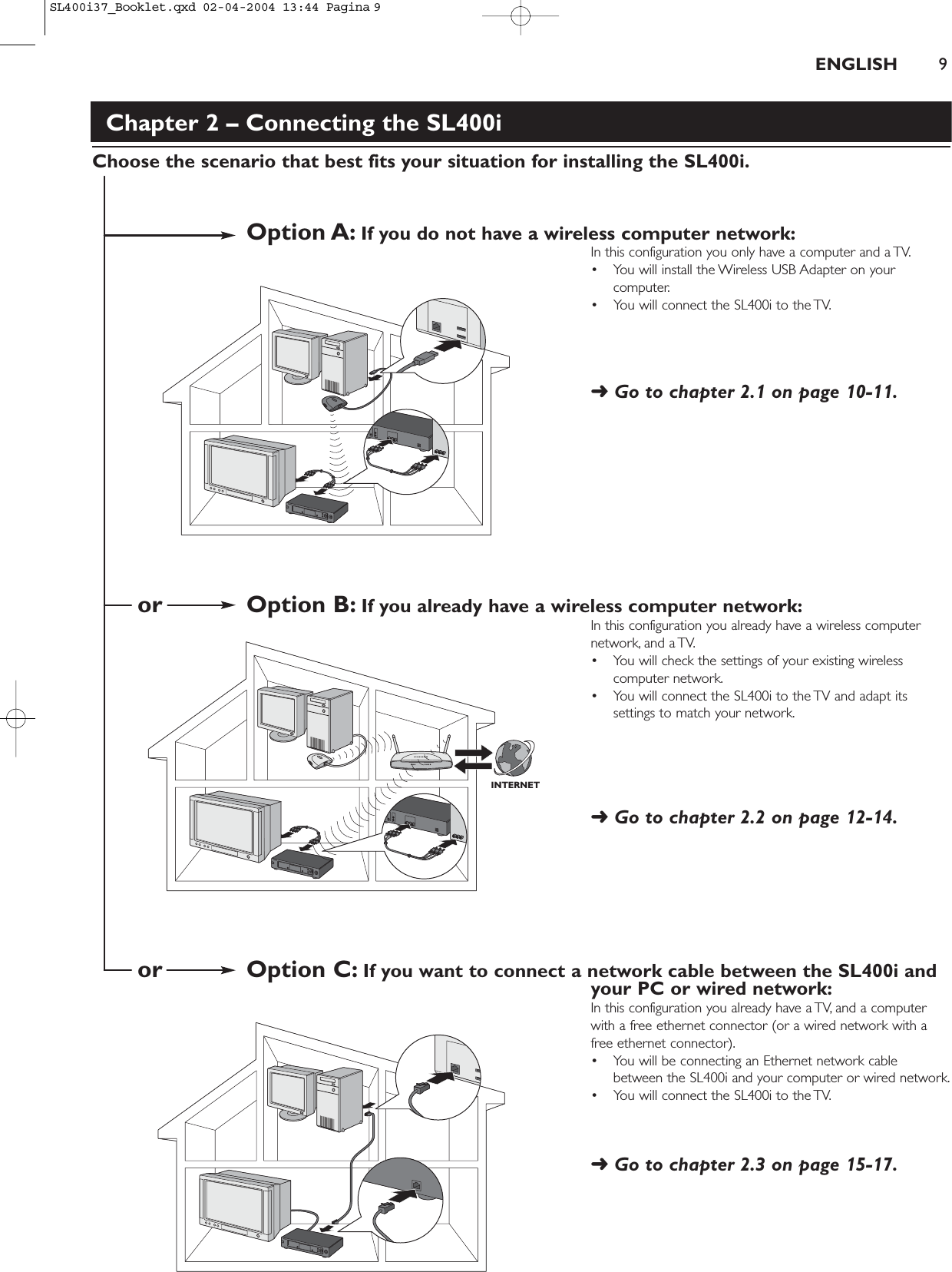 ENGLISH 9Chapter 2 – Connecting the SL400iChoose the scenario that best fits your situation for installing the SL400i.Option A: If you do not have a wireless computer network:In this configuration you only have a computer and a TV.• You will install the Wireless USB Adapter on yourcomputer.• You will connect the SL400i to the TV.➜Go to chapter 2.1 on page 10-11.or Option B: If you already have a wireless computer network:In this configuration you already have a wireless computernetwork, and a TV.• You will check the settings of your existing wirelesscomputer network.• You will connect the SL400i to the TV and adapt itssettings to match your network.➜Go to chapter 2.2 on page 12-14.or Option C: If you want to connect a network cable between the SL400i and your PC or wired network:In this configuration you already have a TV, and a computerwith a free ethernet connector (or a wired network with afree ethernet connector).• You will be connecting an Ethernet network cablebetween the SL400i and your computer or wired network.• You will connect the SL400i to the TV.➜Go to chapter 2.3 on page 15-17.INTERNETSL400i37_Booklet.qxd  02-04-2004  13:44  Pagina 9