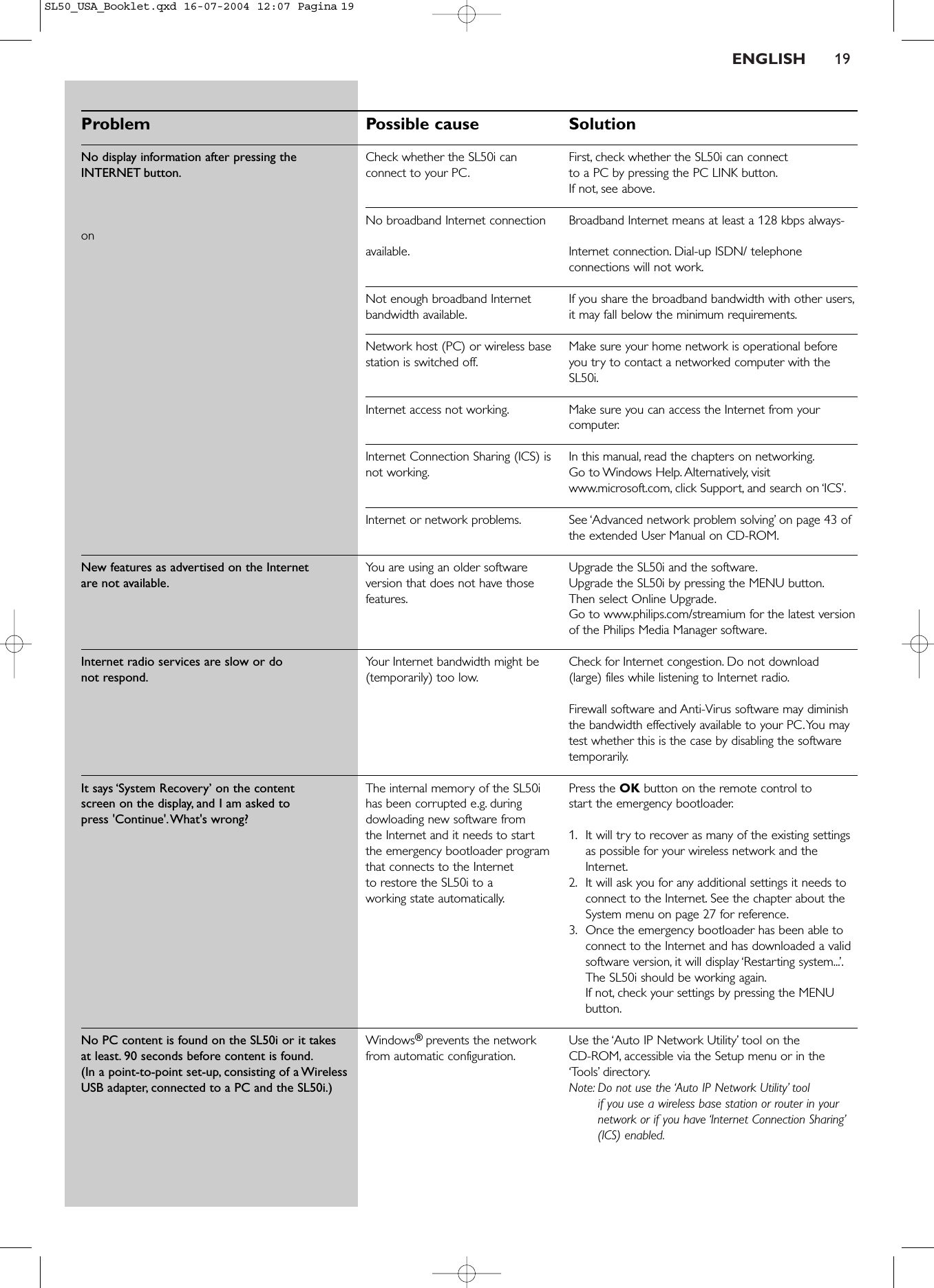 ENGLISH 19Problem Possible cause SolutionNo display information after pressing the Check whether the SL50i can  First, check whether the SL50i can connectINTERNET button. connect to your PC. to a PC by pressing the PC LINK button.If not, see above.No broadband Internet connection  Broadband Internet means at least a 128 kbps always-onavailable. Internet connection. Dial-up ISDN/ telephoneconnections will not work.Not enough broadband Internet  If you share the broadband bandwidth with other users,bandwidth available. it may fall below the minimum requirements.Network host (PC) or wireless base  Make sure your home network is operational before station is switched off. you try to contact a networked computer with theSL50i.Internet access not working. Make sure you can access the Internet from yourcomputer.Internet Connection Sharing (ICS) is  In this manual, read the chapters on networking.not working. Go to Windows Help. Alternatively, visitwww.microsoft.com, click Support, and search on ‘ICS’.Internet or network problems. See ‘Advanced network problem solving’ on page 43 ofthe extended User Manual on CD-ROM.New features as advertised on the Internet You are using an older software  Upgrade the SL50i and the software.are not available. version that does not have those  Upgrade the SL50i by pressing the MENU button.features. Then select Online Upgrade.Go to www.philips.com/streamium for the latest versionof the Philips Media Manager software.Internet radio services are slow or do Your Internet bandwidth might be  Check for Internet congestion. Do not download not respond. (temporarily) too low. (large) files while listening to Internet radio.Firewall software and Anti-Virus software may diminishthe bandwidth effectively available to your PC.You maytest whether this is the case by disabling the softwaretemporarily.It says ‘System Recovery’ on the content  The internal memory of the SL50i  Press the OK button on the remote control to screen on the display, and I am asked to  has been corrupted e.g. during  start the emergency bootloader.press &apos;Continue&apos;.What&apos;s wrong? dowloading new software from the Internet and it needs to start  1. It will try to recover as many of the existing settingsthe emergency bootloader program  as possible for your wireless network and the that connects to the Internet  Internet.to restore the SL50i to a  2. It will ask you for any additional settings it needs toworking state automatically. connect to the Internet. See the chapter about the System menu on page 27 for reference.3. Once the emergency bootloader has been able toconnect to the Internet and has downloaded a validsoftware version, it will display ‘Restarting system...’.The SL50i should be working again.If not, check your settings by pressing the MENUbutton.No PC content is found on the SL50i or it takes  Windows® prevents the network Use the ‘Auto IP Network Utility’ tool on theat least. 90 seconds before content is found. from automatic configuration. CD-ROM, accessible via the Setup menu or in the (In a point-to-point set-up, consisting of a Wireless ‘Tools’ directory.USB adapter, connected to a PC and the SL50i.) Note: Do not use the ‘Auto IP Network Utility’ tool if you use a wireless base station or router in yournetwork or if you have ‘Internet Connection Sharing’(ICS) enabled.SL50_USA_Booklet.qxd  16-07-2004  12:07  Pagina 19