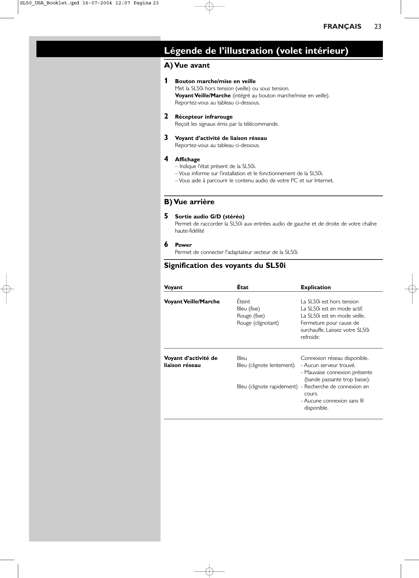 FRANÇAIS 23Légende de l’illustration (volet intérieur)A) Vue  avant1Bouton marche/mise en veilleMet la SL50i hors tension (veille) ou sous tension.Voyant Veille/Marche (intégré au bouton marche/mise en veille).Reportez-vous au tableau ci-dessous.2Récepteur infrarougeReçoit les signaux émis par la télécommande.3Voyant d’activité de liaison réseauReportez-vous au tableau ci-dessous.4Affichage– Indique l’état présent de la SL50i.– Vous informe sur l’installation et le fonctionnement de la SL50i.– Vous aide à parcourir le contenu audio de votre PC et sur Internet.B) Vue  arrière5Sortie audio G/D (stéréo)Permet de raccorder la SL50i aux entrées audio de gauche et de droite de votre chaînehaute-fidélité6PowerPermet de connecter l&apos;adaptateur secteur de la SL50i.Signification des voyants du SL50iVoyant État ExplicationVoyant Veille/Marche Éteint La SL50i est hors tensionBleu (fixe) La SL50i est en mode actif.Rouge (fixe) La SL50i est en mode veille.Rouge (clignotant) Fermeture pour cause desurchauffe. Laissez votre SL50irefroidir.Voyant d’activité de  Bleu Connexion réseau disponible.liaison réseau Bleu (clignote lentement) - Aucun serveur trouvé.- Mauvaise connexion présente(bande passante trop basse).Bleu (clignote rapidement) - Recherche de connexion encours.- Aucune connexion sans fildisponible.SL50_USA_Booklet.qxd  16-07-2004  12:07  Pagina 23