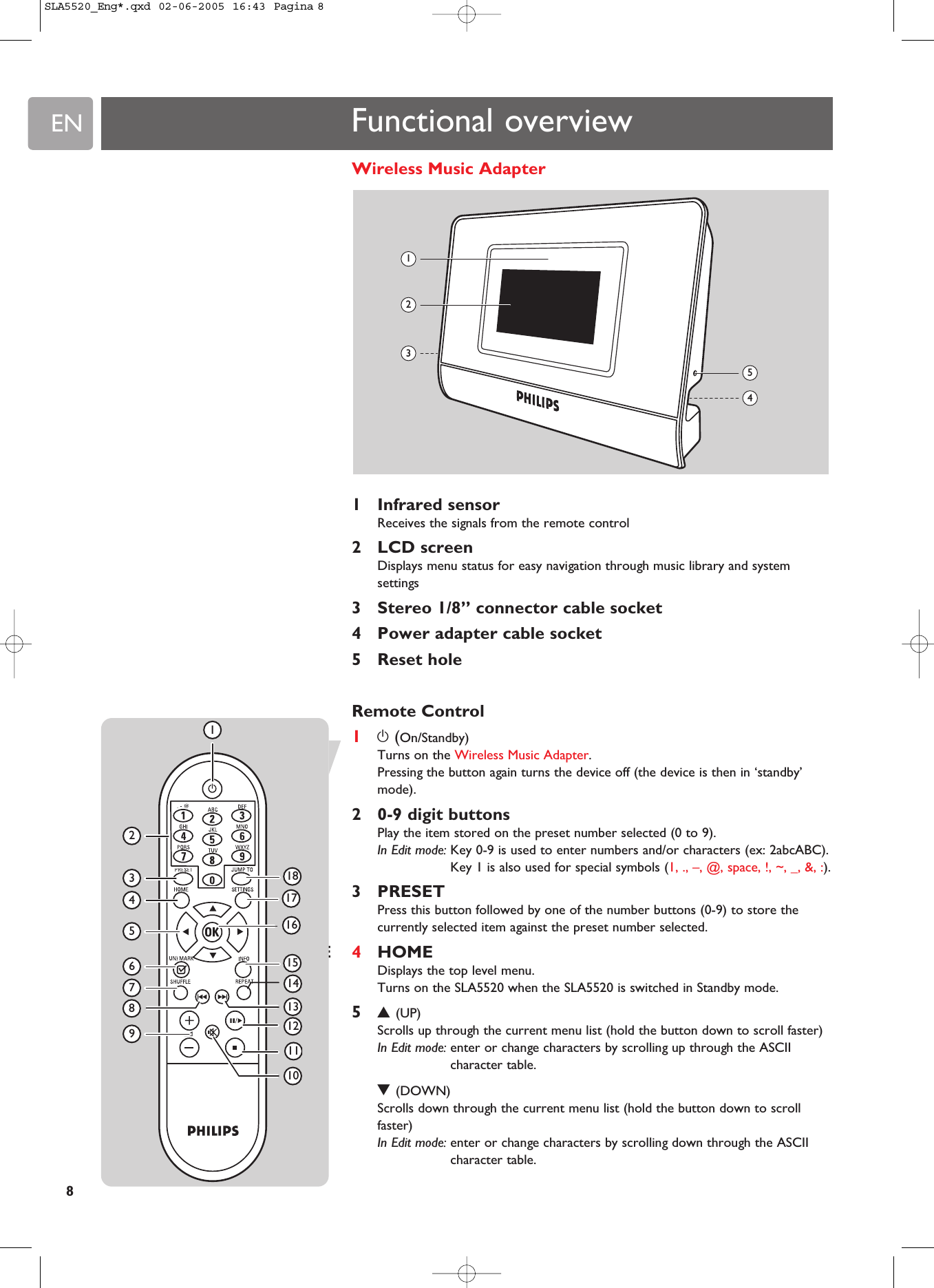 EN8Functional overviewWireless Music Adapter1Infrared sensorReceives the signals from the remote control2LCD screenDisplays menu status for easy navigation through music library and systemsettings3Stereo 1/8” connector cable socket4Power adapter cable socket5Reset holeRemote Control1y(On/Standby)Turns on the Wireless Music Adapter.Pressing the button again turns the device off (the device is then in ‘standby’mode).20-9 digit buttonsPlay the item stored on the preset number selected (0 to 9).In Edit mode: Key 0-9 is used to enter numbers and/or characters (ex: 2abcABC).Key 1 is also used for special symbols (1, ., –, @, space, !, ~, _, &amp;, :).3PRESETPress this button followed by one of the number buttons (0-9) to store thecurrently selected item against the preset number selected.1HOME 4HOMEDisplays the top level menu.Turns on the SLA5520 when the SLA5520 is switched in Standby mode.53(UP)Scrolls up through the current menu list (hold the button down to scroll faster)In Edit mode: enter or change characters by scrolling up through the ASCIIcharacter table.4(DOWN)Scrolls down through the current menu list (hold the button down to scrollfaster)In Edit mode: enter or change characters by scrolling down through the ASCIIcharacter table.23154234567911131581416171812101SLA5520_Eng*.qxd  02-06-2005  16:43  Pagina 8