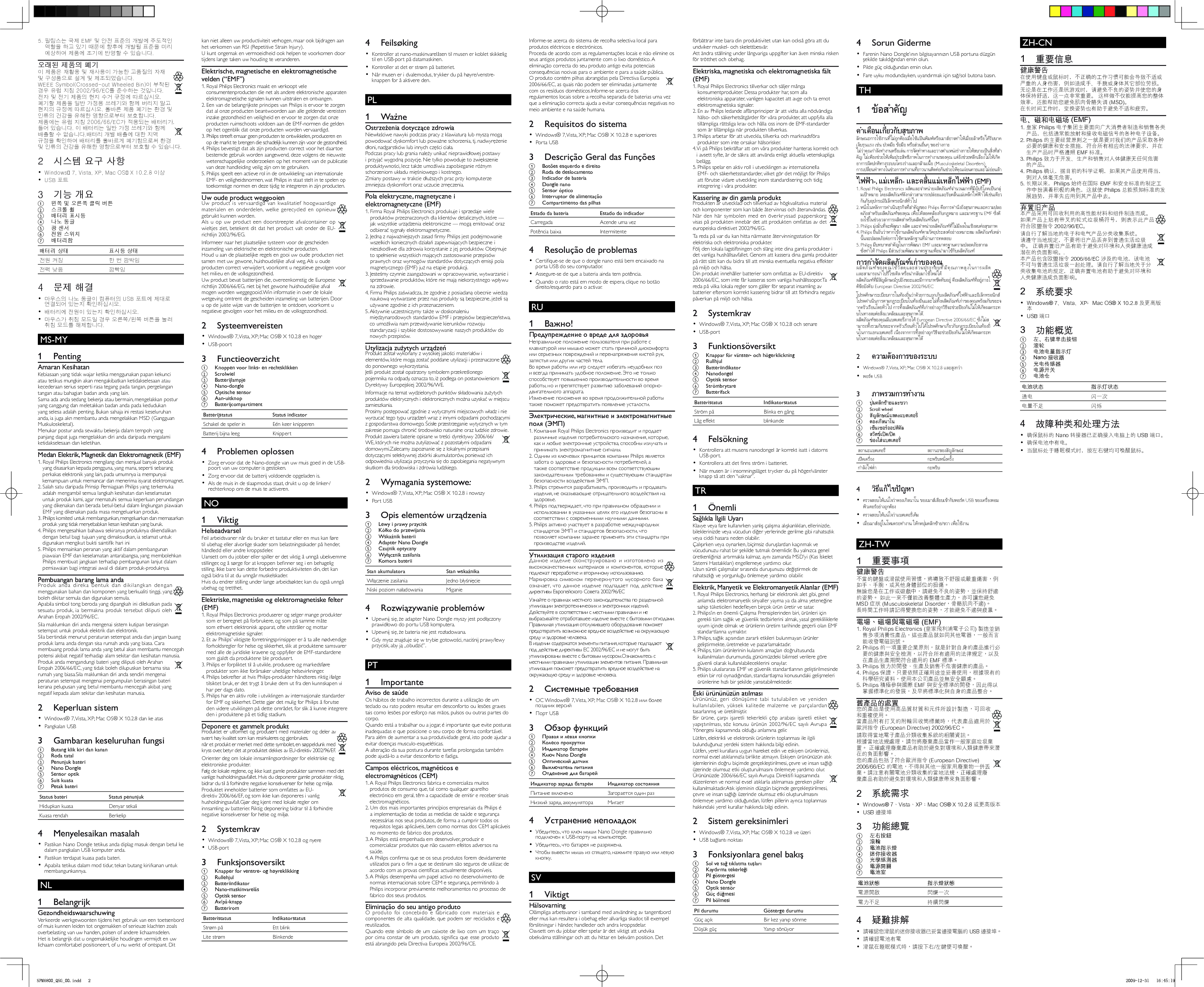   5.  필립스는 국제 EMF 및 안전 표준의 개발에 주도적인 역할을 하고 있기 때문에 향후에 개발될 표준을 미리 예상하여 제품에 조기에 반영할 수 있습니다.     오래된 제품의 폐기     이 제품은 재활용 및 재사용이 가능한 고품질의 자재 및 구성품으로 설계 및 제조되었습니다.       WEEE Symbol(Crossed-out Wheeled Bin)이 부착된 경우 유럽 지침 2002/96/EC를 준수하는 것입니다.  전자 및 전기 제품의 현지 수거 규정에 따르십시오.  폐기할 제품을 일반 가정용 쓰레기와 함께 버리지 말고 현지의 규정에 따르십시오. 올바른 제품 폐기는 환경 및 인류의 건강을 유해한 영향으로부터 보호합니다.    제품에는 유럽 지침 2006/66/EC가 적용되는 배터리가.  들어 있습니다. 이 배터리는 일반 가정 쓰레기와 함께 배출할 수 없습니다.  배터리 개별 배출에 대한 지역 규정을 확인하여 배터리를 올바르게 폐기함으로써 환경 및 인류의 건강을 유해한 영향으로부터 보호할 수 있습니다.      2  시스템 요구 사항    Windows 7, Vista, XP, Mac OS X 10.2.8 이상•     USB 포트•        3  기능 개요    a  왼쪽 및 오른쪽 클릭 버튼    b  스크롤 휠    c  배터리 표시등    d  나노 동글    e  광 센서    f  전원 스위치    g  배터리함  배터리 상태   표시등 상태 전원 켜짐  한 번 깜박임 전력 낮음  깜빡임     4  문제 해결     마우스의 나노 동글이 컴퓨터의 USB 포트에 제대로 •  연결되어 있는지 확인하십시오.    배터리에 전원이 있는지 확인하십시오.•         마우스가 취침 모드일 경우 오른쪽/왼쪽 버튼을 눌러 •  취침 모드를 해제합니다.     MS-MY       1 Penting    Amaran Kesihatan  Kebiasaan yang tidak wajar ketika menggunakan papan kekunci atau tetikus mungkin akan mengakibatkan ketidakselesaan atau kecederaan serius seperti rasa tegang pada tangan, pergelangan tangan atau bahagian badan anda yang lain.   Sama ada anda sedang bekerja atau bermain, mengelakkan postur yang canggung dan meletakkan badan anda pada kedudukan yang selesa adalah penting. Bukan sahaja ini restasi keseluruhan anda, ia juga akn membantu anda mengelakkan MSD (Gangguan Muskuloskeletal).   Menukar postur anda sewaktu bekerja dalam tempoh yang panjang dapat juga mengelakkan diri anda daripada mengalami ketidakselesaan dan keletihan.     Medan Elektrik, Magnetik dan Elektromagnetik (EMF)  1.  Royal Philips Electronics mengilang dan menjual banyak produk yang disasarkan kepada pengguna, yang mana, seperti sebarang perkakas elektronik yang lain, pada umumnya ia mempunyai kemampuan untuk memancar dan menerima isyarat elektromagnet.  2.  Salah satu daripada Prinsip Perniagaan Philips yang terkemuka adalah mengambil semua langkah kesihatan dan keselamatan untuk produk kami, agar mematuhi semua keperluan perundangan yang dikenakan dan berada betul-betul dalam lingkungan piawaian EMF yang dikenakan pada masa mengeluarkan produk.  3.  Philips komited untuk membangunkan, mengeluarkan dan memasarkan produk yang tidak menyebabkan kesan kesihatan yang buruk.  4.  Philips mengesahkan bahawa sekiranya produknya dikendalikan dengan betul bagi tujuan yang dimaksudkan, ia selamat untuk digunakan mengikut bukti saintiﬁ k hari ini  5.  Philips memainkan peranan yang aktif dalam pembangunan piawaian EMF dan keselamatan antarabangsa, yang membolehkan Philips membuat jangkaan terhadap pembangunan lanjut dalam pemiawaian bagi integrasi awal di dalam produk-produknya.     Pembuangan barang lama anda     Produk anda direka bentuk dan dikilangkan dengan menggunakan bahan dan komponen yang berkualiti tinggi, yang boleh dikitar semula dan digunakan semula.       Apabila simbol tong beroda yang dipangkah ini dilekatkan pada sesuatu produk, ia bermakna produk tersebut diliputi oleh Arahan Eropah 2002/96/EC.  Sila maklumkan diri anda mengenai sistem kutipan berasingan setempat untuk produk elektrik dan elektronik.  Sila bertindak menurut peraturan setempat anda dan jangan buang produk lama anda dengan sisa rumah anda yang biasa. Cara membuang produk lama anda yang betul akan membantu mencegah potensi akibat negatif terhadap alam sekitar dan kesihatan manusia.      Produk anda mengandungi bateri yang diliputi oleh Arahan Eropah 2006/66/EC, yang tidak boleh dilupuskan bersama sisa rumah yang biasa.  Sila maklumkan diri anda sendiri mengenai peraturan setempat mengenai pengumpulan berasingan bateri kerana pelupusan yang betul membantu mencegah akibat yang negatif kepada alam sekitar dan kesihatan manusia.      2 Keperluan sistem    Windows® 7, Vista, XP; Mac OS® X 10.2.8 dan ke atas•     Pangkalan USB•        3  Gambaran keseluruhan fungsi    a  Butang klik kiri dan kanan    b Roda tatal    c Penunjuk bateri    d Nano Dongle    e Sensor optik    f Suis kuasa    g Petak bateri  Status bateri   Status penunjuk Hidupkan kuasa  Denyar sekali Kuasa rendah  Berkelip     4 Menyelesaikan masalah     Pastikan Nano Dongle tetikus anda diplag masuk dengan betul ke •  dalam pangkalan USB komputer anda.    Pastikan terdapat kuasa pada bateri.•         Apabila tetikus dalam mod tidur, tekan butang kiri/kanan untuk •  membangunkannya.     NL       1 Belangrijk    Gezondheidswaarschuwing  Verkeerde werkgewoonten tijdens het gebruik van een toetsenbord of muis kunnen leiden tot ongemakken of serieuze klachten zoals overbelasting van uw handen, polsen of andere lichaamsdelen.   Het is belangrijk dat u ongemakkelijke houdingen vermijdt en uw lichaam comfortabel positioneert, of u nu werkt of ontspant. Dit kan niet alleen uw productiviteit verhogen, maar ook bijdragen aan het verkomen van RSI (Repetitive Strain Injury).   U kunt ongemak en vermoeidheid ook helpen te voorkomen door tijdens lange taken uw houding te veranderen.     Elektrische, magnetische en elektromagnetische velden (“EMF”)  1.  Royal Philips Electronics maakt en verkoopt vele consumentenproducten die net als andere elektronische apparaten elektromagnetische signalen kunnen uitstralen en ontvangen.  2.  Een van de belangrijkste principes van Philips is ervoor te zorgen dat al onze producten beantwoorden aan alle geldende vereisten inzake gezondheid en veiligheid en ervoor te zorgen dat onze producten ruimschoots voldoen aan de EMF-normen die gelden op het ogenblik dat onze producten worden vervaardigd.  3.  Philips streeft ernaar geen producten te ontwikkelen, produceren en op de markt te brengen die schadelijk kunnen zijn voor de gezondheid.  4.  Philips bevestigt dat als zijn producten correct voor het daartoe bestemde gebruik worden aangewend, deze volgens de nieuwste wetenschappelijke onderzoeken op het moment van de publicatie van deze handleiding veilig zijn om te gebruiken.  5.  Philips speelt een actieve rol in de ontwikkeling van internationale EMF- en veiligheidsnormen, wat Philips in staat stelt in te spelen op toekomstige normen en deze tijdig te integreren in zijn producten.     Uw oude product weggooien     Uw product is vervaardigd van kwalitatief hoogwaardige materialen en onderdelen, welke gerecycled en opnieuw gebruikt kunnen worden.       Als u op uw product een doorstreepte afvalcontainer op wieltjes ziet, betekent dit dat het product valt onder de EU-richtlijn 2002/96/EG.  Informeer naar het plaatselijke systeem voor de gescheiden inzameling van elektrische en elektronische producten.  Houd u aan de plaatselijke regels en gooi uw oude producten niet samen met uw gewone, huishoudelijke afval weg. Als u oude producten correct verwijdert, voorkomt u negatieve gevolgen voor het milieu en de volksgezondheid.      Uw product bevat batterijen die, overeenkomstig de Europese richtlijn 2006/66/EG, niet bij het gewone huishoudelijke afval mogen worden weggegooid.  Win informatie in over de lokale wetgeving omtrent de gescheiden inzameling van batterijen. Door u op de juiste wijze van de batterijen te ontdoen, voorkomt u negatieve gevolgen voor het milieu en de volksgezondheid.      2 Systeemvereisten    Windows® 7, Vista, XP; Mac OS® X 10.2.8 en hoger•     USB-poort•        3 Functieoverzicht    a  Knoppen voor links- en rechtsklikken    b Scrolwiel    c Batterijlampje    d Nano-dongle    e Optische sensor    f Aan-uitknop    g Batterijcompartiment  Batterijstatus   Status indicator Schakel de speler in  Eén keer knipperen Batterij bijna leeg  Knippert     4 Problemen oplossen     Zorg ervoor dat de Nano-dongle van uw muis goed in de USB-•  poort van uw computer is gestoken.    Zorg ervoor dat de batterij voldoende opgeladen is.•         Als de muis in de slaapmodus staat, drukt u op de linker-/•  rechterknop om de muis te activeren.     NO       1 Viktig    Helseadvarsel  Feil arbeidsvaner når du bruker et tastatur eller en mus kan føre til ubehag eller alvorlige skader som belastningsskader på hender, håndledd eller andre kroppsdeler.   Uansett om du jobber eller spiller er det viktig å unngå ubekvemme stillinger, og å sørge for at kroppen beﬁ nner seg i en behagelig stilling. Ikke bare kan dette forbedre produktiviteten din, det kan også bidra til at du unngår muskelskader.   Hvis du endrer stilling under lange arbeidsøkter, kan du også unngå ubehag og tretthet.     Elektriske, magnetiske og elektromagnetiske felter (EMF)  1.  Royal Philips Electronics produserer og selger mange produkter som er beregnet på forbrukere, og som på samme måte som ethvert elektronisk apparat, ofte utstråler og mottar elektromagnetiske signaler.  2.  Et av Philips’ viktigste forretningsprinsipper er å ta alle nødvendige forholdsregler for helse og sikkerhet, slik at produktene samsvarer med alle de juridiske kravene og oppfyller de EMF-standardene som gjaldt da produktene ble produsert.  3.  Philips er forpliktet til å utvikle, produsere og markedsføre produkter som ikke forårsaker uheldige helsevirkninger.  4.  Philips bekrefter at hvis Philips-produkter håndteres riktig ifølge tilsiktet bruk, er det trygt å bruke dem ut fra den kunnskapen vi har per dags dato.  5.  Philips har en aktiv rolle i utviklingen av internasjonale standarder for EMF og sikkerhet. Dette gjør det mulig for Philips å forutse den videre utviklingen på dette området, for slik å kunne integrere den i produktene på et tidlig stadium.     Deponere et gammelt produkt     Produktet er utformet og produsert med materialer og deler av svært høy kvalitet som kan resirkuleres og gjenbrukes.       når et produkt er merket med dette symbolet, en søppeldunk med kryss over, betyr det at produktet dekkes av EU-direktiv 2002/96/EF.  Orienter deg om lokale innsamlingsordninger for elektriske og elektroniske produkter.  Følg de lokale reglene, og ikke kast gamle produkter sammen med det vanlige husholdningsavfallet. Hvis du deponerer gamle produkter riktig, bidrar du til å forhindre negative konsekvenser for helse og miljø.      Produktet inneholder batterier som omfattes av EU-direktiv 2006/66/EF, og som ikke kan deponeres i vanlig husholdningsavfall.  Gjør deg kjent med lokale regler om innsamling av batterier. Riktig deponering bidrar til å forhindre negative konsekvenser for helse og miljø.      2 Systemkrav    Windows® 7, Vista, XP; Mac OS® X 10.2.8 og nyere•     USB-port•        3 Funksjonsoversikt    a  Knapper for venstre- og høyreklikking    b Rullehjul    c Batteriindikator    d Nano-maskinvarelås    e Optisk sensor    f Av/på-knapp    g Batterirom  Batteristatus   Indikatorstatus Strøm på  Ett blink Lite strøm  Blinkende     4 Feilsøking     Kontroller at nano-maskinvarelåsen til musen er koblet skikkelig •  til en USB-port på datamaskinen.    Kontroller at det er strøm på batteriet.•         Når musen er i dvalemodus, trykker du på høyre/venstre-•  knappen for å aktivere den.     PL       1 Ważne    Ostrzeżenia dotyczące zdrowia  Niewłaściwe nawyki podczas pracy z klawiaturą lub myszą mogą powodować dyskomfort lub poważne schorzenia, tj. nadwyrężenie dłoni, nadgarstków lub innych części ciała.   Podczas pracy lub grania należy unikać nieprawidłowej postawy i przyjąć wygodną pozycję. Nie tylko powoduje to zwiększenie produktywności, lecz także umożliwia zapobieganie różnym schorzeniom układu mięśniowego i kostnego.   Zmiany postawy w trakcie dłuższych prac przy komputerze zmniejsza dyskomfort oraz uczucie zmęczenia.     Pola elektryczne, magnetyczne i elektromagnetyczne (EMF)  1.  Firma Royal Philips Electronics produkuje i sprzedaje wiele produktów przeznaczonych dla klientów detalicznych, które — jak wszystkie urządzenia elektroniczne — mogą emitować oraz odbierać sygnały elektromagnetyczne.  2.  Jedną z najważniejszych zasad ﬁ rmy Philips jest podejmowanie wszelkich koniecznych działań zapewniających bezpieczne i nieszkodliwe dla zdrowia korzystanie z jej produktów. Obejmuje to spełnienie wszystkich mających zastosowanie przepisów prawnych oraz wymogów standardów dotyczących emisji pola magnetycznego (EMF) już na etapie produkcji.  3.  Jesteśmy czynnie zaangażowani w opracowywanie, wytwarzanie i sprzedawanie produktów, które nie mają niekorzystnego wpływu na zdrowie.  4.  Firma Philips zaświadcza, że zgodnie z posiadaną obecnie wiedzą naukową wytwarzane przez nas produkty są bezpieczne, jeżeli są używane zgodnie z ich przeznaczeniem.  5.  Aktywnie uczestniczymy także w doskonaleniu międzynarodowych standardów EMF i przepisów bezpieczeństwa, co umożliwia nam przewidywanie kierunków rozwoju standaryzacji i szybkie dostosowywanie naszych produktów do nowych przepisów.     Utylizacja zużytych urządzeń     Produkt został wykonany z wysokiej jakości materiałów i elementów, które mogą zostać poddane utylizacji i przeznaczone do ponownego wykorzystania.       Jeśli produkt został opatrzony symbolem przekreślonego pojemnika na odpady, oznacza to, iż podlega on postanowieniom Dyrektywy Europejskiej 2002/96/WE.  Informacje na temat wydzielonych punktów składowania zużytych produktów elektrycznych i elektronicznych można uzyskać w miejscu zamieszkania.  Prosimy postępować zgodnie z wytycznymi miejscowych władz i nie wyrzucać tego typu urządzeń wraz z innymi odpadami pochodzącymi z gospodarstwa domowego. Ścisłe przestrzeganie wytycznych w tym zakresie pomaga chronić środowisko naturalne oraz ludzkie zdrowie.    Produkt zawiera baterie opisane w treści dyrektywy 2006/66/WE, których nie można zutylizować z pozostałymi odpadami domowymi.  Zalecamy zapoznanie się z lokalnymi przepisami dotyczącymi selektywnej zbiórki akumulatorów, ponieważ ich odpowiednia utylizacja przyczynia się do zapobiegania negatywnym skutkom dla środowiska i zdrowia ludzkiego.      2 Wymagania systemowe:    Windows® 7, Vista, XP; Mac OS® X 10.2.8 i nowszy•     Port USB•        3  Opis elementów urządzenia    a  Lewy i prawy przycisk    b Kółko do przewijania    c Wskaźnik baterii    d  Adapter Nano Dongle    e Czujnik optyczny    f Wyłącznik zasilania    g Komora baterii  Stan akumulatora   Stan wskaźnika Włączenie zasilania  Jedno błyśnięcie Niski poziom naładowania  Miganie     4 Rozwiązywanie problemów     Upewnij się, że adapter Nano Dongle myszy jest podłączony •  prawidłowo do portu USB komputera.    Upewnij się, że bateria nie jest rozładowana.•         Gdy mysz znajduje się w trybie gotowości, naciśnij prawy/lewy •  przycisk, aby ją „obudzić”.     PT       1 Importante    Aviso de saúde  Os hábitos de trabalho incorrectos durante a utilização de um teclado ou rato podem resultar em desconforto ou lesões graves tais como lesões por esforço nas mãos, pulsos ou outras partes do corpo.   Quando está a trabalhar ou a jogar, é importante que evite posturas inadequadas e que posicione o seu corpo de forma confortável. Para além de aumentar a sua produtividade geral, isto pode ajudar a evitar doenças musculo-esqueléticas.   A alteração da sua postura durante tarefas prolongadas também pode ajudá-lo a evitar desconforto e fadiga.     Campos eléctricos, magnéticos e electromagnéticos (CEM)  1.  A Royal Philips Electronics fabrica e comercializa muitos produtos de consumo que, tal como qualquer aparelho electrónico em geral, têm a capacidade de emitir e receber sinais electromagnéticos.  2.  Um dos mais importantes princípios empresariais da Philips é a implementação de todas as medidas de saúde e segurança necessárias nos seus produtos, de forma a cumprir todos os requisitos legais aplicáveis, bem como normas dos CEM aplicáveis no momento de fabrico dos produtos.  3.  A Philips está empenhada em desenvolver, produzir e comercializar produtos que não causem efeitos adversos na saúde.  4.  A Philips conﬁ rma que se os seus produtos forem devidamente utilizados para o ﬁ m a que se destinam são seguros de utilizar, de acordo com as provas cientíﬁ cas actualmente disponíveis.  5.  A Philips desempenha um papel activo no desenvolvimento de normas internacionais sobre CEM e segurança, permitindo à Philips incorporar previamente melhoramentos no processo de fabrico dos seus produtos.     Eliminação do seu antigo produto     O produto foi concebido e fabricado com materiais e componentes de alta qualidade, que podem ser reciclados e reutilizados.       Quando este símbolo de um caixote de lixo com um traço por cima constar de um produto, signiﬁ ca que esse produto está abrangido pela Directiva Europeia 2002/96/CE.  Informe-se acerca do sistema de recolha selectiva local para produtos eléctricos e electrónicos.  Proceda de acordo com as regulamentações locais e não elimine os seus antigos produtos juntamente com o lixo doméstico. A eliminação correcta do seu produto antigo evita potenciais consequências nocivas para o ambiente e para a saúde pública.      O produto contém pilhas abrangidas pela Directiva Europeia 2006/66/EC, as quais não podem ser eliminadas juntamente com os resíduos domésticos.  Informe-se acerca dos regulamentos locais sobre a recolha separada de baterias uma vez que a eliminação correcta ajuda a evitar consequências negativas no meio ambiente e na saúde humana.      2  Requisitos do sistema    Windows® 7, Vista, XP; Mac OS® X 10.2.8 e superiores•     Porta USB•        3  Descrição Geral das Funções    a  Botões esquerdo e direito    b  Roda de deslocamento    c  Indicador de bateria    d Dongle nano    e Sensor óptico    f  Interruptor de alimentação    g  Compartimento das pilhas  Estado da bateria   Estado do indicador Carregada  Acende uma vez Potência baixa  Intermitente     4  Resolução de problemas     Certiﬁ que-se de que o dongle nano está bem encaixado na •  porta USB do seu computador.    Assegure-se de que a bateria ainda tem potência.•         Quando o rato está em modo de espera, clique no botão •  direito/esquerdo para o activar.     RU       1  Важно!    Предупреждение о вреде для здоровья  Неправильное положение пользователя при работе с клавиатурой или мышью может стать причиной дискомфорта или серьезных повреждений и перенапряжения кистей рук, запястья или других частей тела.   Во время работы или игр следует избегать неудобных поз и всегда принимать удобное положение. Это не только способствует повышению производительности во время работы, но и препятствует развитию заболеваний опорно-двигательного аппарата.   Изменение положения во время продолжительной работы также поможет предотвратить появление усталости.     Электрические, магнитные и электромагнитные поля (ЭМП)  1.  Компания Royal Philips Electronics производит и продает различные изделия потребительского назначения, которые, как и любые электронные устройства, способны излучать и принимать электромагнитные сигналы.  2.  Одним из ключевых принципов компании Philips является забота о здоровье и безопасности потребителей, а также соответствие продукции всем соответствующим законодательным требованиям и существующим стандартам безопасности воздействия ЭМП.  3.  Philips стремится разрабатывать, производить и продавать изделия, не оказывающие отрицательного воздействия на здоровье.  4.  Philips подтверждает, что при правильном обращении и использовании в указанных целях его изделия безопасны в соответствии с современными научными данными.  5.  Philips активно участвует в разработке международных стандартов ЭМП и стандартов безопасности, что позволяет компании заранее применять эти стандарты при производстве изделий.     Утилизация старого изделия     Данное изделие сконструировано и изготовлено из высококачественных материалов и компонентов,  которые подлежат переработке и вторичному использованию.       Маркировка символом перечеркнутого мусорного бака означает,  что данное изделие подпадает под действие директивы Европейского Совета 2002/96/EC  Узнайте о правилах местного законодательства по раздельной утилизации электротехнических и электронных изделий.  Действуйте в соответствии с местными правилами и не выбрасывайте отработавшее изделие вместе с бытовыми отходами. Правильная утилизация отслужившего оборудования поможет предотвратить возможное вредное воздействие на окружающую среду и здоровье человека.      В изделии содержатся элементы питания, которые подпадают под действие директивы ЕС 2002/96/EC и не могут быть утилизированы вместе с бытовым мусором.  Ознакомьтесь с местными правилами утилизации элементов питания. Правильная утилизация поможет предотвратить вредное воздействие на окружающую среду и здоровье человека.      2  Системные требования    ОС Windows® 7, Vista, XP; Mac OS® X 10.2.8 или более •  поздних версий    Порт USB•        3  Обзор функций    a Правая и левая кнопки    b Колесо прокрутки    c Индикатор батареи    d Ключ Nano Dongle    e Оптический датчик    f Выключатель питания    g Отделение для батарей  Индикатор заряда батареи   Индикатор состояния Питание включено  Загорается один раз Низкий заряд аккумулятора  Мигает     4  Устранение неполадок     Убедитесь, что ключ мыши Nano Dongle правильно •  подключен к USB-порту на компьютере.    Убедитесь, что батарея не разряжена.•         Чтобы вывести мышь из спящего, нажмите правую или левую •  кнопку.     SV       1 Viktigt    Hälsovarning  Olämpliga arbetsvanor i samband med användning av tangentbord eller mus kan resultera i obehag eller allvarliga skador, till exempel förslitningar i händer, handleder och andra kroppsdelar.   Oavsett om du jobbar eller spelar är det viktigt att undvika obekväma ställningar och att du hittar en bekväm position. Det förbättrar inte bara din produktivitet utan kan också göra att du undviker muskel- och skelettbesvär.   Att ändra ställning under långvariga uppgifter kan även minska risken för trötthet och obehag.     Elektriska, magnetiska och elektromagnetiska fält (EMF)  1.  Royal Philips Electronics tillverkar och säljer många konsumentprodukter. Dessa produkter har, som alla elektroniska apparater, vanligen kapacitet att avge och ta emot elektromagnetiska signaler.  2.  En av Philips ledande affärsprinciper är att vidta alla nödvändiga hälso- och säkerhetsåtgärder för våra produkter, att uppfylla alla tillämpliga rättsliga krav och hålla oss inom de EMF-standarder som är tillämpliga när produkten tillverkas.  3.  Philips arbetar för att utveckla, tillverka och marknadsföra produkter som inte orsakar hälsorisker.  4.  Vi på Philips bekräftar att om våra produkter hanteras korrekt och i avsett syfte, är de säkra att använda enligt aktuella vetenskapliga belägg.  5.  Philips spelar en aktiv roll i utvecklingen av internationella EMF- och säkerhetsstandarder, vilket gör det möjligt för Philips att förutse vidare utveckling inom standardisering och tidig integrering i våra produkter.     Kassering av din gamla produkt     Produkten är utvecklad och tillverkad av högkvalitativa material och komponenter som kan både återvinnas och återanvändas.      När den här symbolen med en överkryssad papperskorg visas på produkten innebär det att produkten omfattas av det europeiska direktivet 2002/96/EG.  Ta reda på var du kan hitta närmaste återvinningsstation för elektriska och elektroniska produkter.  Följ den lokala lagstiftningen och släng inte dina gamla produkter i det vanliga hushållsavfallet. Genom att kassera dina gamla produkter på rätt sätt kan du bidra till att minska eventuella negativa effekter på miljö och hälsa.    Din produkt innehåller batterier som omfattas av EU-direktiv 2006/66/EC, som inte får kasseras som vanliga hushållssopor.  Ta  reda på vilka lokala regler som gäller för separat insamling av batterier eftersom korrekt kassering bidrar till att förhindra negativ påverkan på miljö och hälsa.      2 Systemkrav    Windows® 7, Vista, XP; Mac OS® X 10.2.8 och senare•     USB-port•        3 Funktionsöversikt    a  Knappar för vänster- och högerklickning    b Rullhjul    c Batteriindikator    d Nanodongel    e Optisk sensor    f Strömbrytare    g Batterifack  Batteristatus   Indikatorstatus Ström på  Blinka en gång Låg effekt  blinkande     4 Felsökning     Kontrollera att musens nanodongel är korrekt isatt i datorns •  USB-port.    Kontrollera att det ﬁ nns ström i batteriet.•         När musen är i insomningsläget trycker du på höger/vänster •  knapp så att den “vaknar”.     TR       1 Önemli    Sağlıkla İlgili Uyarı  Klavye veya fare kullanırken yanlış çalışma alışkanlıkları, ellerinizde, bileklerinizde veya vücudun diğer yerlerinde gerilme gibi rahatsızlık veya ciddi hasara neden olabilir.   Çalışırken veya oynarken, biçimsiz duruşlardan kaçınmak ve vücudunuzu rahat bir şekilde tutmak önemlidir. Bu yalnızca genel üretkenliğinizi artırmakla kalmaz, aynı zamanda MSD’yi (Kas İskelet Sistemi Hastalıkları) engellemeye yardımcı olur.   Uzun süreli çalışmalar sırasında duruşunuzu değiştirmek de rahatsızlığı ve yorgunluğu önlemeye yardımcı olabilir.     Elektrik, Manyetik ve Elektromanyetik Alanlar (EMF)  1.  Royal Philips Electronics, herhangi bir elektronik alet gibi, genel anlamda elektromanyetik sinyaller yayma ya da alma yeteneğine sahip tüketicileri hedeﬂ eyen birçok ürün üretir ve satar.  2.  Philips’in en önemli Çalışma Prensiplerinden biri, ürünleri için gerekli tüm sağlık ve güvenlik tedbirlerini almak, yasal gerekliliklerle uyum içinde olmak ve ürünlerin üretim tarihinde geçerli olan EMF standartlarına uymaktır.  3.  Philips, sağlık açısından zararlı etkileri bulunmayan ürünler geliştirmekte, üretmekte ve pazarlamaktadır.  4.  Philips, tüm ürünlerinin kulanım amaçları doğrultusunda kullanılmaları durumunda, günümüzdeki bilimsel verilere göre güvenli olarak kullanılabileceklerini onaylar.  5.  Philips uluslararası EMF ve güvenlik standartlarının geliştirilmesinde etkin bir rol oynadığından, standartlaşma konusundaki gelişmeleri ürünlerine hızlı bir şekilde yansıtabilmektedir.     Eski ürününüzün atılması     Ürününüz, geri dönüşüme tabi tutulabilen ve yeniden kullanılabilen, yüksek kalitede malzeme ve parçalardan tasarlanmış ve üretilmiştir.       Bir ürüne, çarpı işaretli tekerlekli çöp arabası işaretli etiket yapıştırılması, söz konusu ürünün 2002/96/EC sayılı Avrupa Yönergesi kapsamında olduğu anlamına gelir.  Lütfen, elektrikli ve elektronik ürünlerin toplanması ile ilgili bulunduğunuz yerdeki sistem hakkında bilgi edinin.  Lütfen, yerel kurallara uygun hareket edin ve eskiyen ürünlerinizi, normal evsel atıklarınızla birlikte atmayın. Eskiyen ürününüzün atık işlemlerinin doğru biçimde gerçekleştirilmesi, çevre ve insan sağlığı üzerinde olumsuz etki oluşturulmasını önlemeye yardımcı olur.    Ürününüzde 2006/66/EC sayılı Avrupa Direktiﬁ  kapsamında düzenlenen ve normal evsel atıklarla atılmaması gereken piller kullanılmaktadır.  Atık işleminin düzgün biçimde gerçekleştirilmesi, çevre ve insan sağlığı üzerinde olumsuz etki oluşturulmasını önlemeye yardımcı olduğundan, lütfen pillerin ayrıca toplanması hakkındaki yerel kurallar hakkında bilgi edinin.      2 Sistem gereksinimleri    Windows® 7, Vista, XP; Mac OS® X 10.2.8 ve üzeri•     USB bağlantı noktası•        3  Fonksiyonlara genel bakış    a  Sol ve sağ tıklatma tuşları    b Kaydırma tekerleği    c Pil göstergesi    d Nano Dongle    e Optik sensör    f Güç düğmesi    g Pil bölmesi  Pil durumu   Gösterge durumu Güç açık Bir kez yanıp sönme Düşük güç  Yanıp sönüyor     4 Sorun Giderme     Farenin Nano Dongle’ının bilgisayarınızın USB portuna düzgün •  şekilde takıldığından emin olun.    Pilde güç olduğundan emin olun.•         Fare uyku modundayken, uyandırmak için sağ/sol butona basın.•                      ZH-TW       1  重要事項    健康警告  不當的鍵盤或滑鼠使用習慣，將導致不舒服或嚴重傷害，例如手、手腕，或其他身體部位的扭傷。   無論您是在工作或遊戲中，請避免不良的姿勢，並保持舒適的姿勢。 如此一來不僅能改善整體生產力，亦可讓您避免 MSD 症狀 (Musculoskeletal Disorder，骨骼肌肉不適)。   長時間工作時請記得變換您的姿勢，才能避免不適與疲累。     電場、磁場與電磁場 (EMF)  1.  Royal Philips Electronics (皇家飛利浦電子公司) 製造並銷售多項消費性產品，這些產品就如同其他電器，一般而言能收發電磁訊號。  2.  Philips 的一項重要企業原則，就是針對自身的產品進行必要的健康與安全檢測，以符合所有適用的法律規定，以及在產品生產期間符合適用的 EMF 標準。  3.  Philips 致力於開發、生產及銷售不危害健康的產品。  4.  Philips 保證，只要依照正確用途並妥善使用，根據現有的科學研究資料，使用本公司產品並無安全顧慮。  5.  Philips 積極參與國際 EMF 與安全標準的開發，因此得以掌握標準化的發展，及早將標準化與自身的產品整合。     舊產品的處置     您的產品是使用高品質材質和元件所設計製造，可回收和重複使用。       當產品附有打叉的附輪回收筒標籤時，代表產品適用於歐洲指令 (European Directive) 2002/96/EC。  請取得當地電子產品分類收集系統的相關資訊。  根據當地法規處理，請勿將廢棄產品當作一般家庭垃圾棄置。 正確處理廢棄產品有助於避免對環境和人類健康帶來潛在的負面影響。.      您的產品包括了符合歐洲指令 (European Directive) 2006/66/EC 的電池，不得與其他一般家用廢棄物一併丟棄。  請注意有關電池分類收集的當地法規，正確處理廢棄產品有助於避免對環境和人類健康帶來負面影響。      2  系統需求    Windows•  ® 7、Vista、XP；Mac OS® X 10.2.8 或更高版本    USB 連接埠•        3  功能總覽    a  左右按鈕    b 滾輪    c  電池指示燈    d  迷你接收器    e  光學感測器    f  電源開關    g  電池室  電池狀態   指示燈狀態 電源開啟  閃爍一次 電力不足  持續閃爍     4  疑難排解     請確認您滑鼠的迷你接收器已妥當連接電腦的 USB 連接埠。•     請確認電池有電•         滑鼠在睡眠模式時，請按下右/左鍵便可喚醒。                                   •            ZH-CN       1  重要信息    健康警告  在使用键盘或鼠标时，不正确的工作习惯可能会导致不适或严重的人身伤害，例如造成手、手腕或身体其它部位劳损。   无论是在工作还是玩游戏时，请避免不良的姿势并使您的身体保持舒适，这一点非常重要。 这样做不仅能提高您的整体效率，还能帮助您避免肌肉骨骼失调 (MSD)。   在长时间工作时，变换姿势也有助于避免不适和疲劳。     电、磁和电磁场 (EMF)  1.  皇家 Philips 电子集团主要面向广大消费者制造和销售各类产品，包括通常能放射和接收电磁信号的各种电子设备。  2.  Philips 的主要经营原则之一就是要对我们的产品采取各种必要的健康和安全措施，符合所有相应的法律要求，并在生产产品时严格遵照 EMF 标准。  3.  Philips 致力于开发、生产和销售对人体健康无任何危害的产品。  4.  Philips 确认，据目前的科学证明，如果其产品使用得当，则对人体毫无危害。  5.  长期以来，Philips 始终在国际 EMF 和安全标准的制定工作中扮演着积极的角色，这就使 Philips 总能预知标准的发展趋势，并率先应用到其产品中去。     弃置旧产品     本产品采用可回收利用的高性能材料和组件制造而成。       如果产品上贴有带叉的轮式垃圾桶符号，则表示此产品符合欧盟指令 2002/96/EC。  请自行了解当地的电子和电气产品分类收集系统。  请遵守当地规定，不要将旧产品丢弃到普通生活垃圾中。 正确弃置旧产品有助于避免对环境和人类健康造成潜在的负面影响。.      本产品包含欧盟指令 2006/66/EC 涉及的电池，该电池不可与普通生活垃圾一起处理。  请自行了解当地关于分类收集电池的规定，正确弃置电池有助于避免对环境和人类健康造成负面影响。      2  系统要求    Windows•  ® 7、Vista、XP；Mac OS® X 10.2.8 及更高版本    USB 端口•        3  功能概览    a  左、右键单击按钮    b 滚轮    c  电池电量指示灯    d  Nano 接收器    e  光电传感器    f  电源开关    g  电池仓  电池状态   指示灯状态 通电  闪一次 电量不足  闪烁     4  故障种类和处理方法     确保鼠标的 Nano 转接器已正确接入电脑上的 USB 端口。•     确保电池中有电。•         当鼠标处于睡眠模式时，按左右键均可唤醒鼠标。     • TH       1 ขอสำคัญ    คำเตือนเกี่ยวกับสุขภาพ  ลักษณะการใชงานที่ไมถูกตองเมื่อใชแปนพิมพหรือเมาสอาจทำใหเมื่อยลาหรือไดรับบาดเจ็บรุนแรง เชน ปวดมือ ขอมือ หรือสวนอื่นๆ ของรางกาย   ไมวาคุณกำลังทำงานหรือเลน การจัดทาทางและวางตำแหนงรางกายใหสบายเปนสิ่งที่สำคัญ ไมเพียงชวยใหเพิ่มประสิทธิภาพในการทำงานของคุณ แตยังชวยหลีกเลี่ยงไมใหเกิดอาการผิดปกติทางระบบโครงรางและกลามเนื้อ (Musculoskeletal Disorders)   การเปลี่ยนทาทางในชวงการทำงานที่ยาวนานติดตอกันชวยใหคุณผอนคายและไมออนลา     ไฟฟา-, แมเหล็ก- และคลื่นแมเหล็กไฟฟา (EMF)  1.  Royal Philips Electronics ผลิตและจำหนายผลิตภัณฑจำนวนมากที่มีผบริโภคเปนกลมเปาหมาย โดยผลิตภัณฑดังกลาวสามารถปลอยและรับคลื่นแมเหล็กไฟฟาไดเชนเดียวกันกับอุปกรณอิเล็กทรอนิกสทั่วไป  2.  หนึ่งในหลักการดำเนินธุรกิจที่สำคัญของ Philips คือการคำนึงถึงสุขภาพและความปลอดภัยสำหรับผลิตภัณฑของคุณ เพื่อใหสอดคลองกับกฎหมาย และมาตรฐาน EMF ซึ่งตองใชในชวงเวลาการผลิตสำหรับผลิตภัณฑนั้นๆ  3.  Philips มงมั่นที่จะพัฒนา ผลิต และจำหนายผลิตภัณฑที่ไมมีผลในเชิงลบตอสุขภาพ  4.  Philips ยืนยันวาหากใชงานผลิตภัณฑตามวัตถุประสงคอยางเหมาะสม ผลิตภัณฑเหลานั้นจะปลอดภัยตอการใชตามหลักฐานที่ผานการทดสอบ  5.  Philips มีบทบาทสำคัญในการพัฒนา EMF และมาตรฐานความปลอดภัยสากล ซึ่งทำให Philips มีสวนรวมพัฒนามาตรฐานเพื่อนำมาใชกับผลิตภัณฑ     การกำจัดผลิตภัณฑเกาของคุณ     ผลิตภัณฑของคุณใชวัสดุและสวนประกอบที่มีคุณภาพสูงในการผลิต และสามารถนำไปรีไซเคิล หรือนำกลับมาใชใหมได       ผลิตภัณฑที่มีสัญลักษณรูปถังขยะและมีกากบาทขีดทับอย คือผลิตภัณฑที่อยภายใตขอบังคับ European Directive 2002/96/EC  โปรดศึกษาระเบียบการในทองถิ่นวาดวยการแยกเก็บผลิตภัณฑไฟฟาและอิเล็กทรอนิกส  โปรดดำเนินการตามกฎระเบียบในทองถิ่นและไมทิ้งผลิตภัณฑเกาของคุณพรอมกับขยะจากครัวเรือนโดยทั่วไป การทิ้งผลิตภัณฑที่เกาอยางถูกวิธีจะชวยปองกันไมใหเกิดผลกระทบในทางลบตอสิ่งแวดลอมและสุขภาพได.      ผลิตภัณฑของคุณมีแบตเตอรี่ภายใต European Directive 2006/66/EC ซึ่งไมสามารถทิ้งรวมกับขยะจากครัวเรือนทั่วไปได  โปรดศึกษาเกี่ยวกับกฎระเบียบในทองถิ่นในการแยกแบตเตอรี่ เนื่องจากการทิ้งอยางถูกวิธีจะชวยปองกันไมใหเกิดผลกระทบในทางลบตอสิ่งแวดลอมและสุขภาพได      2 ความตองการของระบบ    Windows® 7, Vista, XP; Mac OS® X 10.2.8 และสูงกวา•     พอรต USB•        3 ภาพรวมการทำงาน    a ปุ่มคลิกซายและขวา    b Scroll wheel    c สัญลักษณแสดงแบตเตอรี่    d ดองเกิลนาโน    e เซ็นเซอรออปติคัล    f สวิตชเปด/ปด    g ชองใสแบตเตอรี่  สถานะแบตเตอรี่   สถานะของสัญลักษณ เปดเครื่อง  กะพริบหนึ่งครั้ง กำลังไฟต  กะพริบ     4 วิธีแกไขปญหา     ตรวจสอบใหแนใจวาดองเกิลนาโน ของเมาสเสียบเขากับพอรต USB ของเครื่องคอม•  พิวเตอรอยางถูกตอง    ตรวจสอบใหแนใจวาแบตเตอรี่เต็ม•         เมื่อเมาสอยในโหมดรอทำงาน ใหกดปุ่มคลิกซาย/ขวา เพื่อใชงาน•      SPM6800_QSG_00.indd   2SPM6800_QSG_00.indd   2 2009-12-31   16:45:192009-12-31   16:45:19