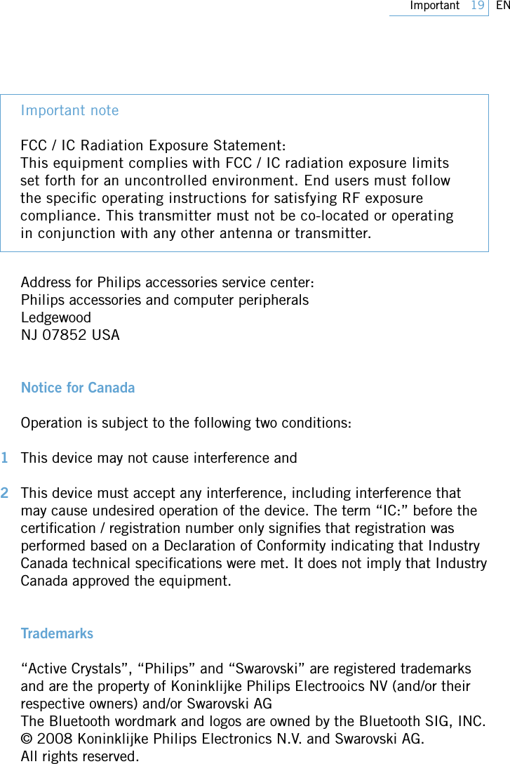 Page 19 of PHILIPS Consumer Electronics SWB9000 Bluetooth Mono Headset User Manual 