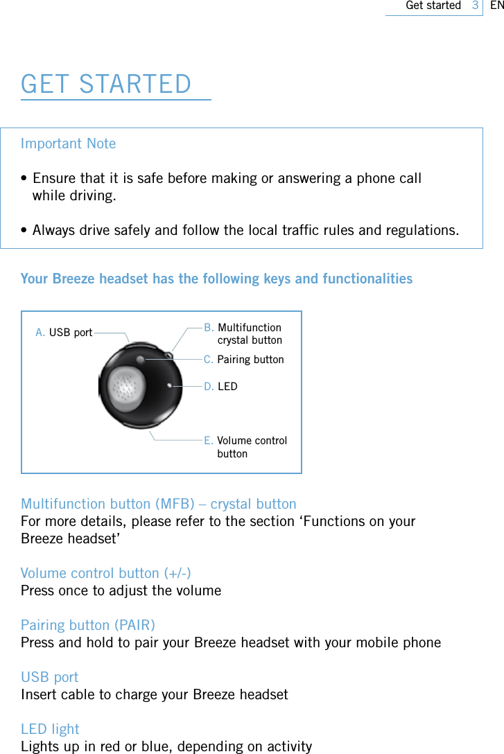 Page 3 of PHILIPS Consumer Electronics SWB9000 Bluetooth Mono Headset User Manual 