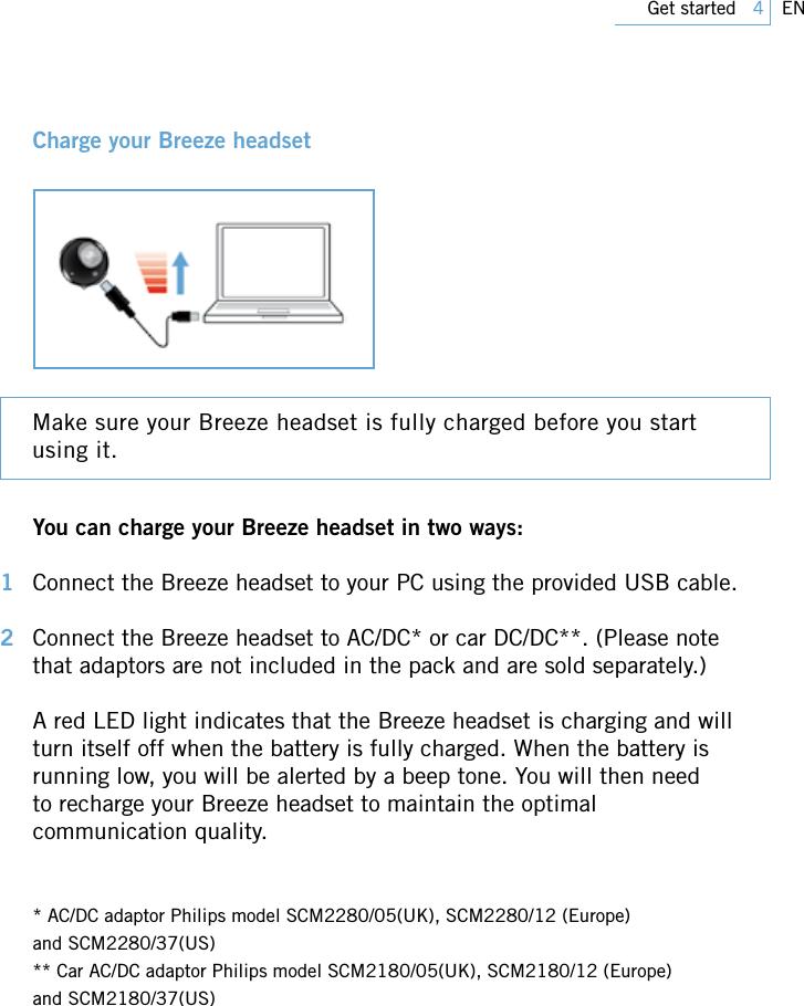 Page 4 of PHILIPS Consumer Electronics SWB9000 Bluetooth Mono Headset User Manual 