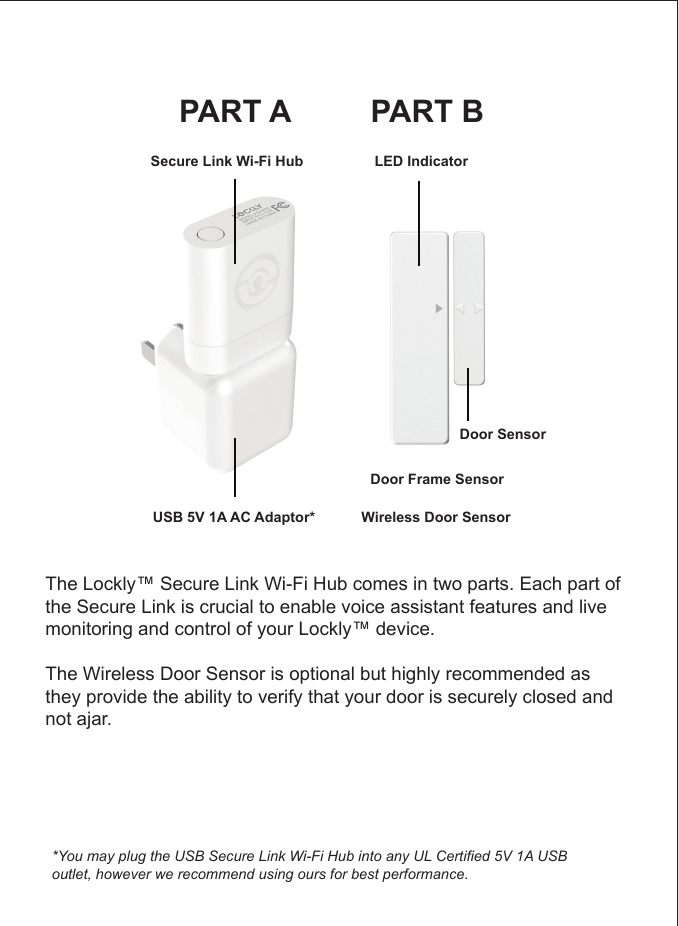 The Lockly&trade; Secure Link Wi-Fi Hub comes in two parts. Each part of the Secure Link is crucial to enable voice assistant features and live monitoring and control of your Lockly&trade; device.The Wireless Door Sensor is optional but highly recommended as they provide the ability to verify that your door is securely closed and not ajar. Secure Link Wi-Fi HubUSB 5V 1A AC Adaptor* Wireless Door SensorLED IndicatorDoor SensorPART A PART B*You may plug the USB Secure Link Wi-Fi Hub into any UL Certified 5V 1A USB outlet, however we recommend using ours for best performance. Door Frame Sensor