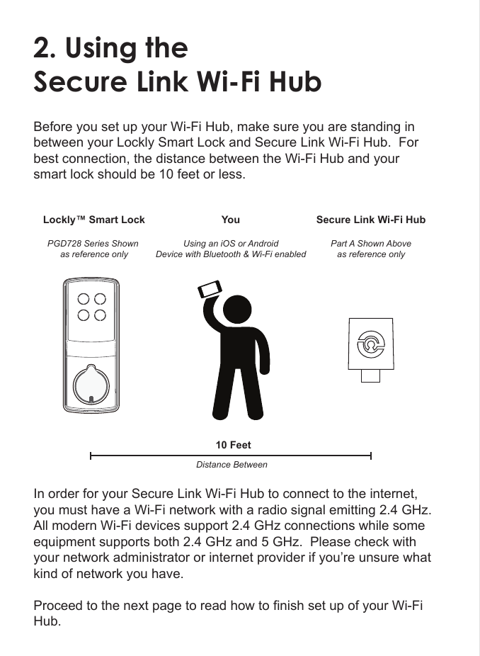 2. Using theSecure Link Wi-Fi HubBefore you set up your Wi-Fi Hub, make sure you are standing in between your Lockly Smart Lock and Secure Link Wi-Fi Hub.  For best connection, the distance between the Wi-Fi Hub and your smart lock should be 10 feet or less. 10 FeetDistance BetweenLockly&trade; Smart LockPGD728 Series Shown as reference onlySecure Link Wi-Fi HubPart A Shown Aboveas reference onlyYouUsing an iOS or AndroidDevice with Bluetooth &amp; Wi-Fi enabledIn order for your Secure Link Wi-Fi Hub to connect to the internet, you must have a Wi-Fi network with a radio signal emitting 2.4 GHz.  All modern Wi-Fi devices support 2.4 GHz connections while some equipment supports both 2.4 GHz and 5 GHz.  Please check with your network administrator or internet provider if you&rsquo;re unsure what kind of network you have.  Proceed to the next page to read how to finish set up of your Wi-Fi Hub.