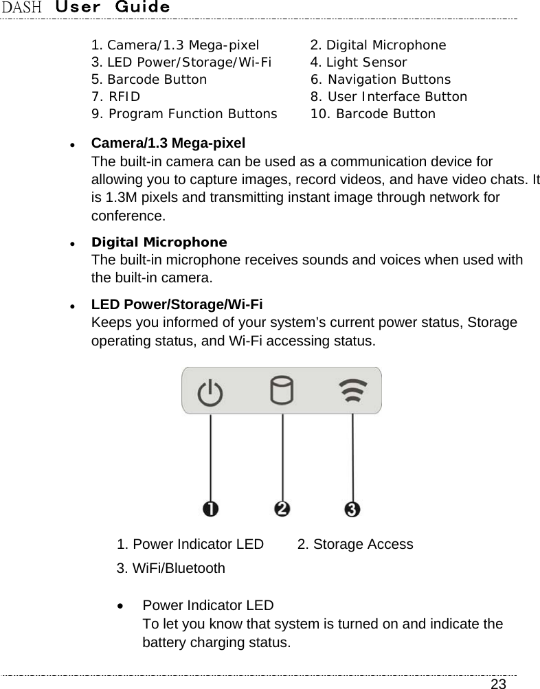 DASH  User  Guide    23 1. Camera/1.3 Mega-pixel 2. Digital Microphone  3. LED Power/Storage/Wi-Fi 4. Light Sensor  5. Barcode Button   6. Navigation Buttons 7. RFID  8. User Interface Button 9. Program Function Buttons  10. Barcode Button  Camera/1.3 Mega-pixel The built-in camera can be used as a communication device for allowing you to capture images, record videos, and have video chats. It is 1.3M pixels and transmitting instant image through network for conference.  Digital Microphone The built-in microphone receives sounds and voices when used with the built-in camera.  LED Power/Storage/Wi-Fi Keeps you informed of your system’s current power status, Storage operating status, and Wi-Fi accessing status.  1. Power Indicator LED  2. Storage Access 3. WiFi/Bluetooth     Power Indicator LED   To let you know that system is turned on and indicate the battery charging status. 