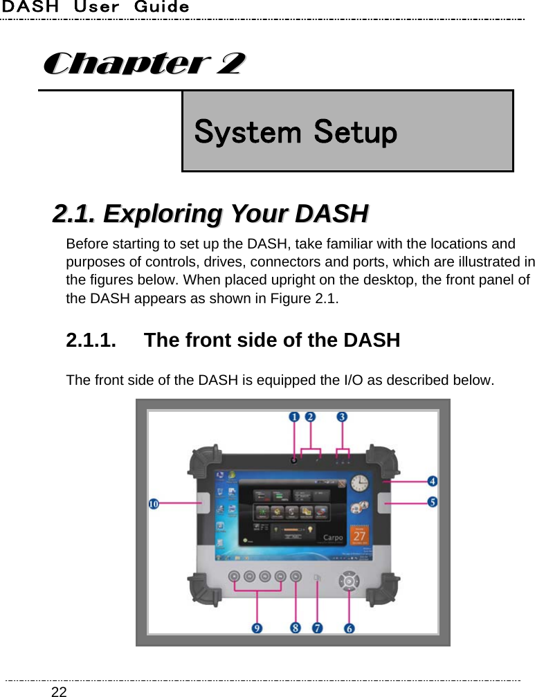 DASH  User  Guide    22 CChhaapptteerr  22   System Setup  22..11..  EExxpplloorriinngg  YYoouurr  DDAASSHH  Before starting to set up the DASH, take familiar with the locations and purposes of controls, drives, connectors and ports, which are illustrated in the figures below. When placed upright on the desktop, the front panel of the DASH appears as shown in Figure 2.1. 2.1.1.  The front side of the DASH The front side of the DASH is equipped the I/O as described below.  