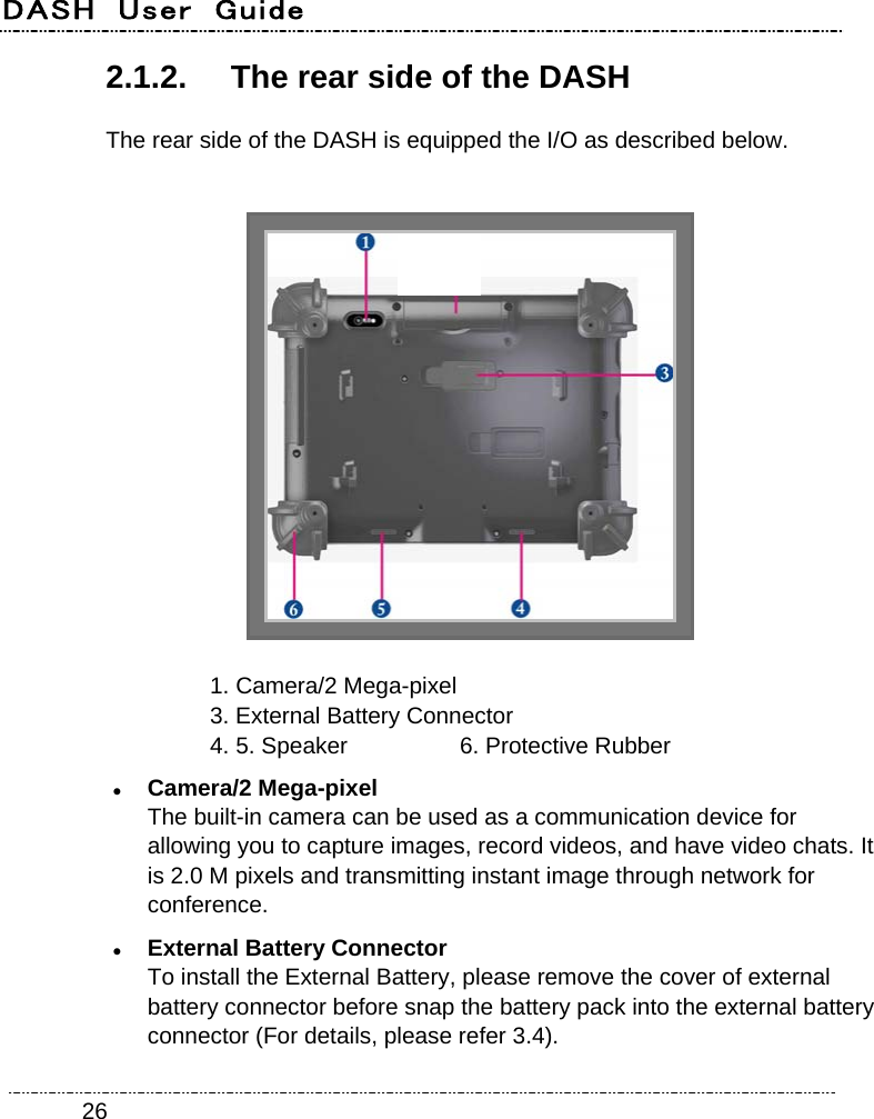 DASH  User  Guide    262.1.2.  The rear side of the DASH The rear side of the DASH is equipped the I/O as described below.  1. Camera/2 Mega-pixel  3. External Battery Connector   4. 5. Speaker  6. Protective Rubber  Camera/2 Mega-pixel The built-in camera can be used as a communication device for allowing you to capture images, record videos, and have video chats. It is 2.0 M pixels and transmitting instant image through network for conference.  External Battery Connector To install the External Battery, please remove the cover of external battery connector before snap the battery pack into the external battery connector (For details, please refer 3.4).   