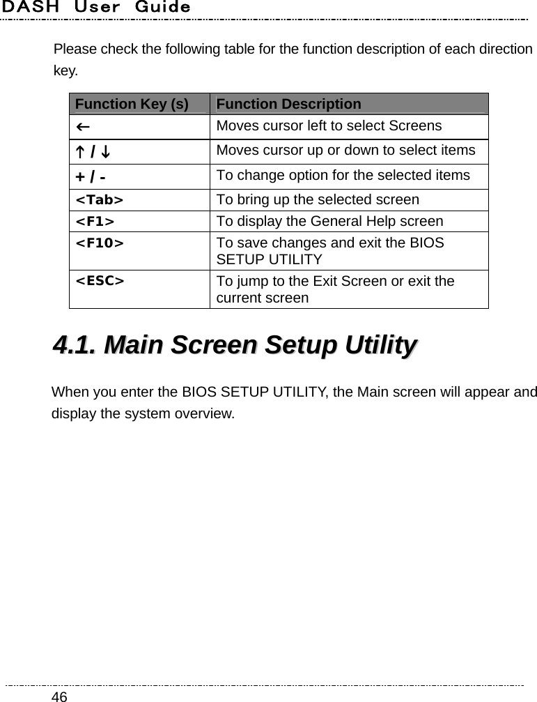 DASH  User  Guide    46Please check the following table for the function description of each direction key. Function Key (s) Function Description  Moves cursor left to select Screens  /  Moves cursor up or down to select items + / - To change option for the selected items   &lt;Tab&gt;  To bring up the selected screen &lt;F1&gt;  To display the General Help screen &lt;F10&gt;  To save changes and exit the BIOS SETUP UTILITY &lt;ESC&gt;  To jump to the Exit Screen or exit the current screen 44..11..  MMaaiinn  SSccrreeeenn  SSeettuupp  UUttiilliittyy  When you enter the BIOS SETUP UTILITY, the Main screen will appear and display the system overview. 