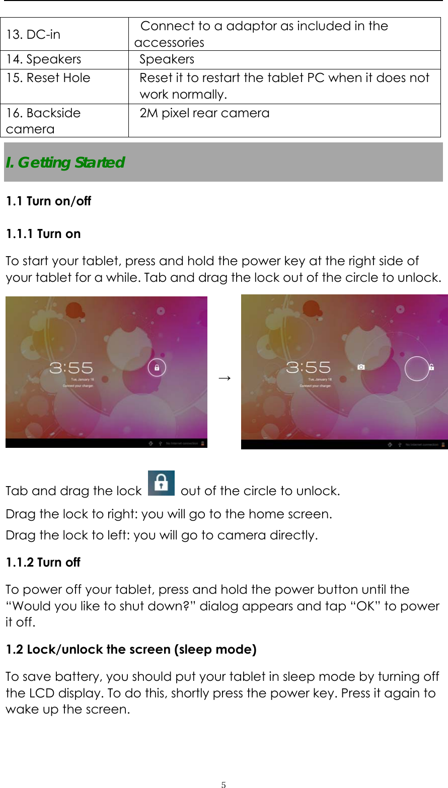   ５13. DC-in    Connect to a adaptor as included in the accessories 14. Speakers  Speakers 15. Reset Hole  Reset it to restart the tablet PC when it does not work normally. 16. Backside camera 2M pixel rear camera I. Getting Started 1.1 Turn on/off 1.1.1 Turn on   To start your tablet, press and hold the power key at the right side of your tablet for a while. Tab and drag the lock out of the circle to unlock.    &rarr;  Tab and drag the lock    out of the circle to unlock.   Drag the lock to right: you will go to the home screen. Drag the lock to left: you will go to camera directly.       1.1.2 Turn off To power off your tablet, press and hold the power button until the &ldquo;Would you like to shut down?&rdquo; dialog appears and tap &ldquo;OK&rdquo; to power it off.   1.2 Lock/unlock the screen (sleep mode)   To save battery, you should put your tablet in sleep mode by turning off the LCD display. To do this, shortly press the power key. Press it again to wake up the screen.   