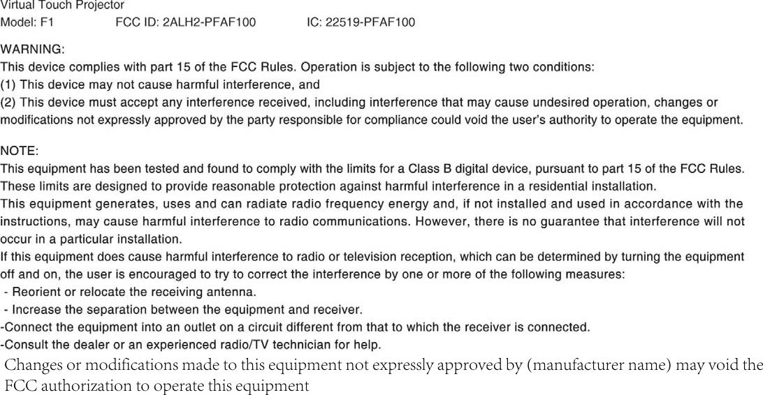 Changes or modifications made to this equipment not expressly approved by (manufacturer name) may void the FCC authorization to operate this equipment