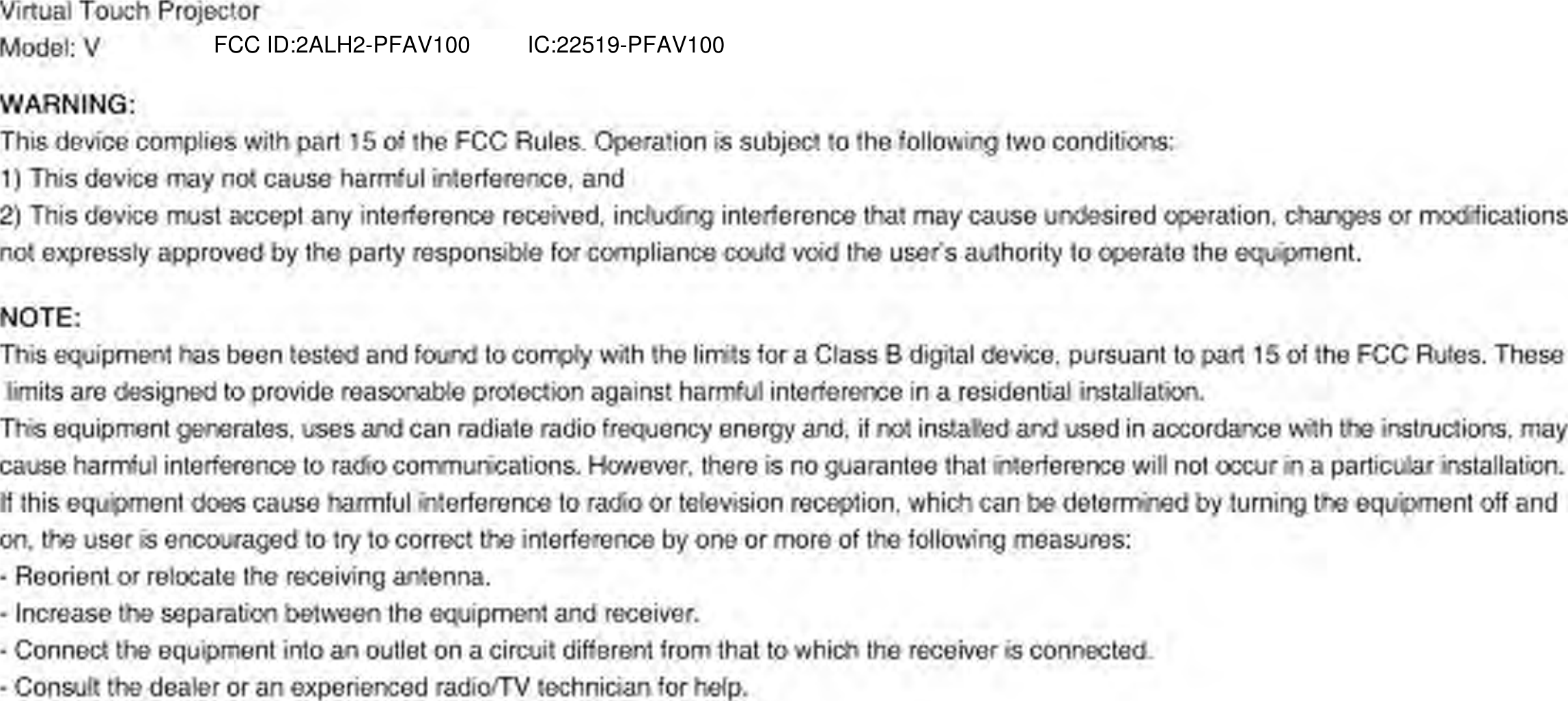 FCC ID:2ALH2-PFAV100         IC:22519-PFAV100