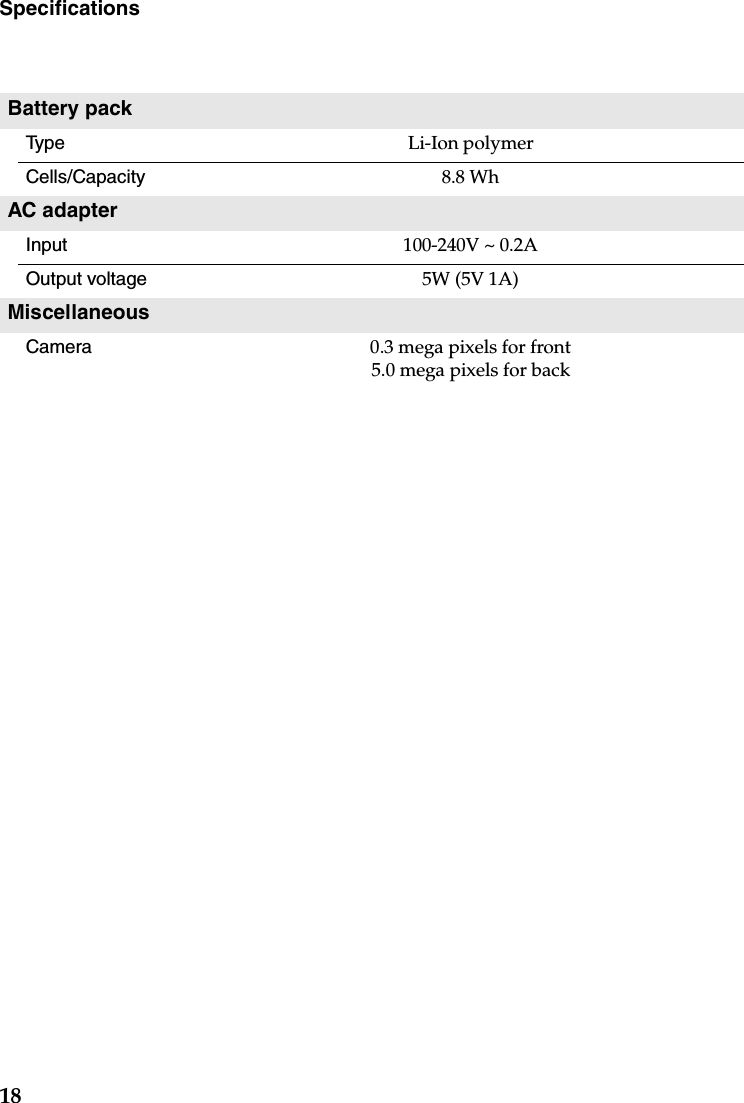 18SpecificationsBattery packTyp e  Li-Ion polymerCells/Capacity 8.8 WhAC adapterInput 100-240V ~ 0.2AOutput voltage 5W (5V 1A)MiscellaneousCamera 0.3 mega pixels for front5.0 mega pixels for back