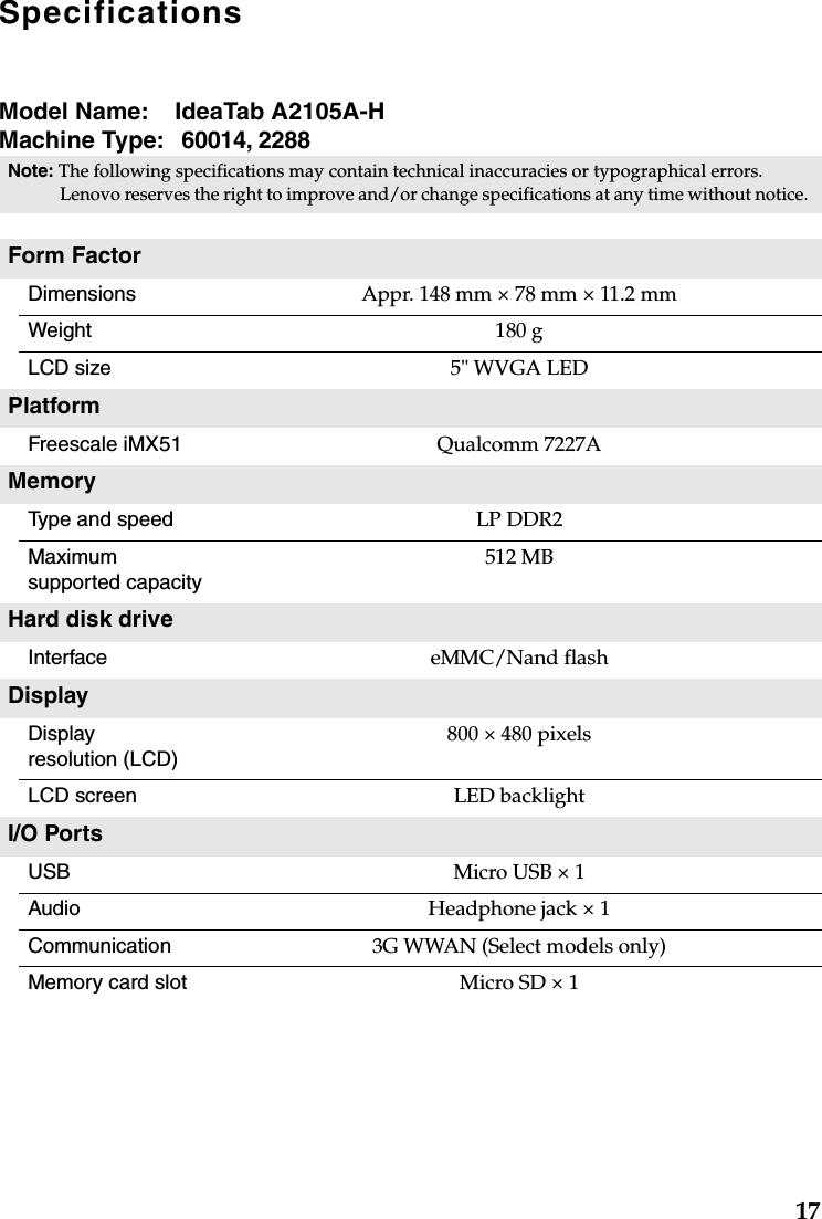 17SpecificationsModel Name:  IdeaTab A2105A-HMachine Type:   60014, 2288Note: The following specifications may contain technical inaccuracies or typographical errors. Lenovo reserves the right to improve and/or change specifications at any time without notice. Form FactorDimensions Appr. 148 mm × 78 mm × 11.2 mmWeight 180 gLCD size 5&quot; WVGA LEDPlatformFreescale iMX51 Qualcomm 7227AMemoryType and speed  LP DDR2Maximum supported capacity 512 MBHard disk drive Interface eMMC/Nand flashDisplay Display resolution (LCD)800 × 480 pixelsLCD screen LED backlightI/O PortsUSB Micro USB × 1Audio Headphone jack × 1Communication 3G WWAN (Select models only)Memory card slot Micro SD × 1