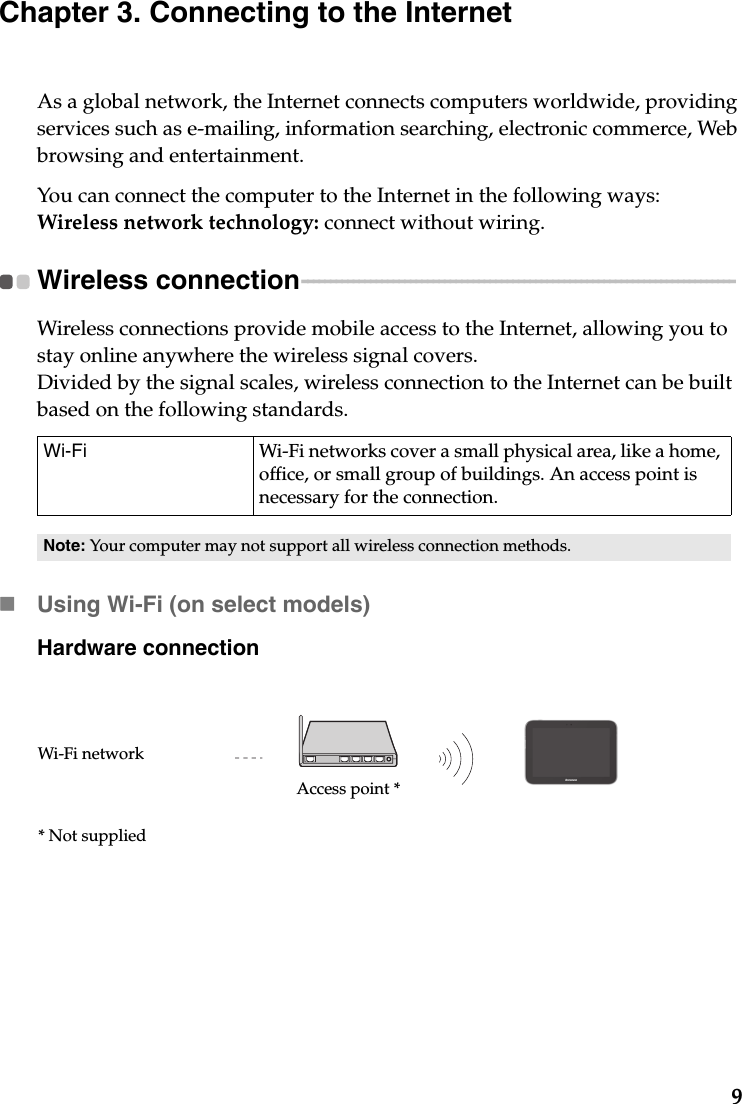 9Chapter 3. Connecting to the InternetAs a global network, the Internet connects computers worldwide, providing services such as e-mailing, information searching, electronic commerce, Web browsing and entertainment.You can connect the computer to the Internet in the following ways:Wireless network technology: connect without wiring.Wireless connection  - - - - - - - - - - - - - - - - - - - - - - - - - - - - - - - - - - - - - - - - - - - - - - - - - - - - - - - - - - - - - - - - - - - - - - - - - - - - Wireless connections provide mobile access to the Internet, allowing you to stay online anywhere the wireless signal covers.Divided by the signal scales, wireless connection to the Internet can be built based on the following standards. Using Wi-Fi (on select models)Hardware connectionWi-Fi Wi-Fi networks cover a small physical area, like a home, office, or small group of buildings. An access point is necessary for the connection.Note: Your computer may not support all wireless connection methods.Access point *Wi-Fi network* Not supplied