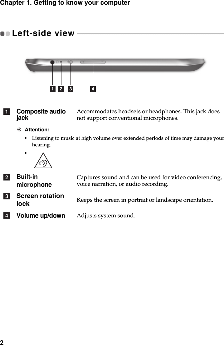 2Chapter 1. Getting to know your computerLeft-side view  - - - - - - - - - - - - - - - - - - - - - - - - - - - - - - - - - - - - - - - - - - - - - - - - - - - - - - - - - - - - - - - - - - - - - - - - - - - - - - - - - - - - - - Composite audio jackAccommodates headsets or headphones. This jack does not support conventional microphones.Attention:•Listening to music at high volume over extended periods of time may damage your hearing.•Built-in microphoneCaptures sound and can be used for video conferencing, voice narration, or audio recording.Screen rotation lock Keeps the screen in portrait or landscape orientation.Volume up/downAdjusts system sound.1 2 3 4abcd