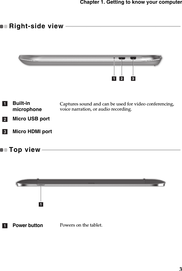 Chapter 1. Getting to know your computer3Right-side view  - - - - - - - - - - - - - - - - - - - - - - - - - - - - - - - - - - - - - - - - - - - - - - - - - - - - - - - - - - - - - - - - - - - - - - - - - - - - - - - - - - Top view - - - - - - - - - - - - - - - - - - - - - - - - - - - - - - - - - - - - - - - - - - - - - - - - - - - - - - - - - - - - - - - - - - - - - - - - - - - - - - - - - - - - - - - - - - - - - - - - - - - Built-in microphoneCaptures sound and can be used for video conferencing, voice narration, or audio recording.Micro USB portMicro HDMI portPower buttonPowers on the tablet. 321abc1a
