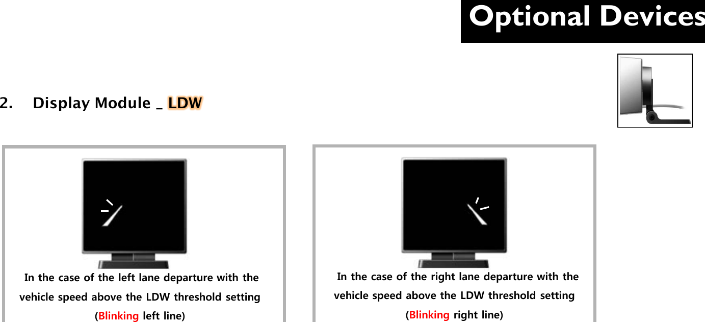 Optional Devices  2.  Display Module _ LDW          In the case of the left lane departure with the vehicle speed above the LDW threshold setting (Blinking left line)   In the case of the right lane departure with the vehicle speed above the LDW threshold setting (Blinking right line) 