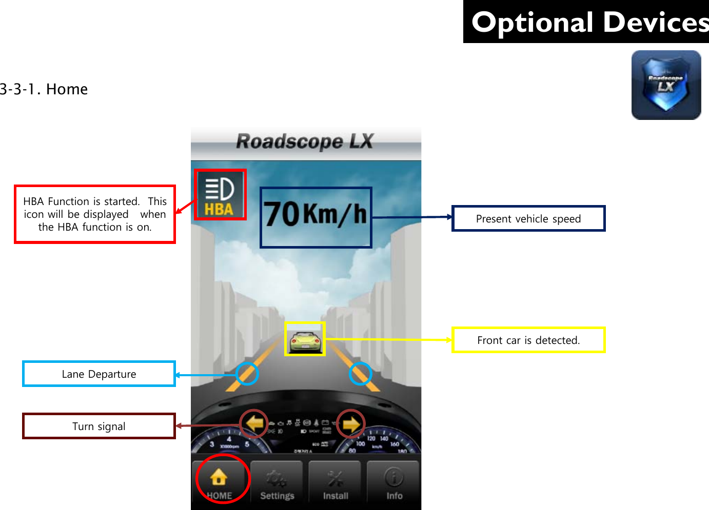 Optional Devices 3-3-1. Home       HBA Function is started.  This icon will be displayed   when the HBA function is on. Present vehicle speed Front car is detected. Lane Departure Turn signal 