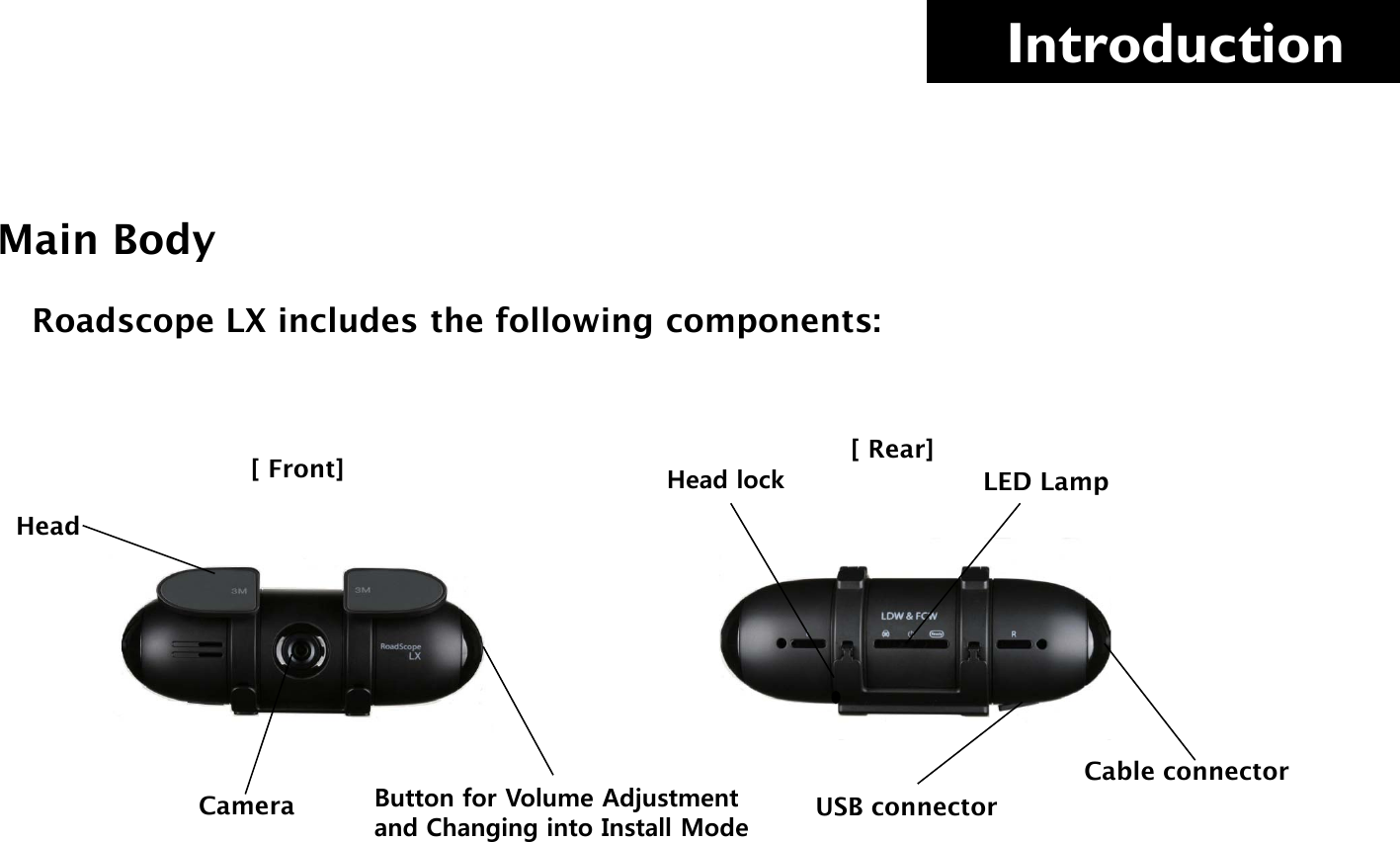     Introduction Main Body Roadscope LX includes the following components: Head Camera LED Lamp Cable connector USB connector Button for Volume Adjustment and Changing into Install Mode Head lock [ Front] [ Rear] 