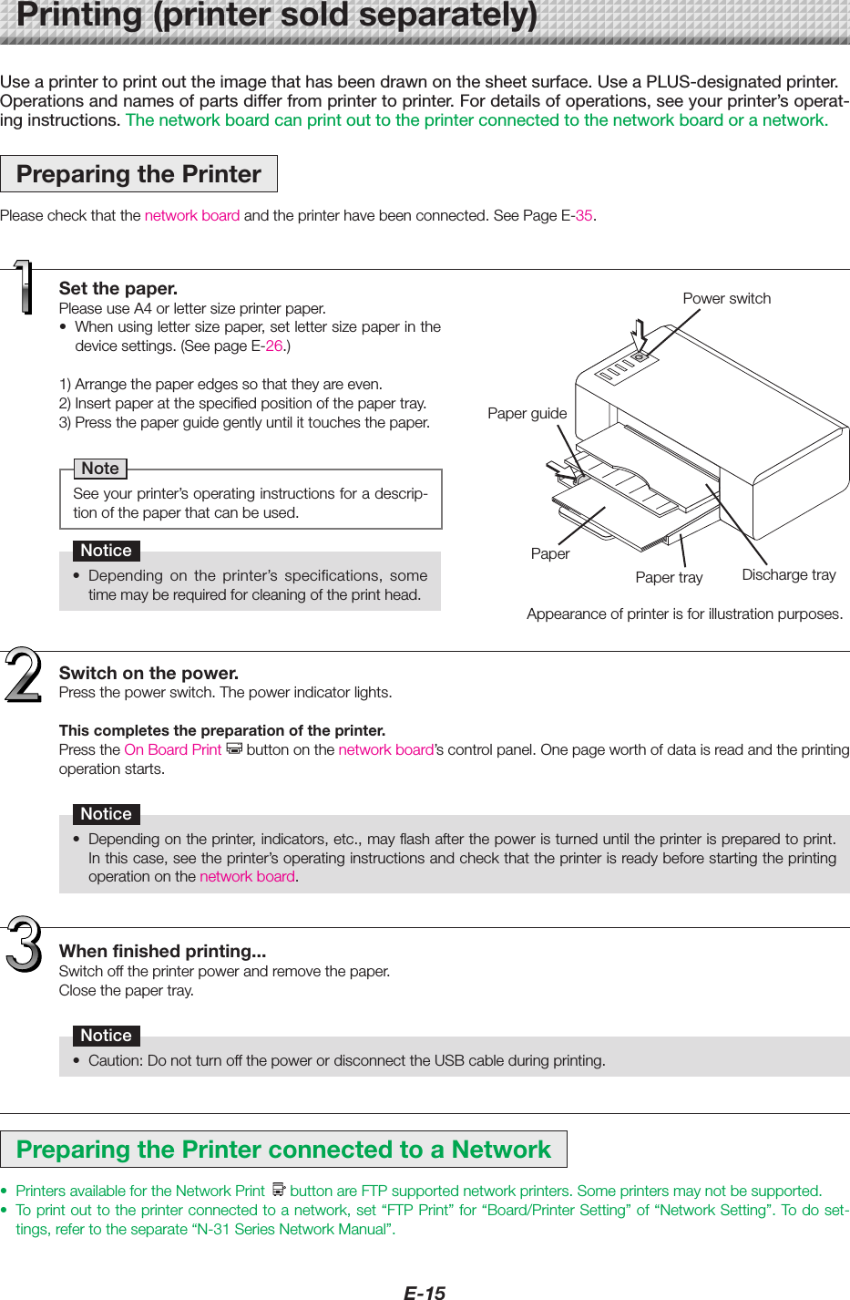 E-15Use a printer to print out the image that has been drawn on the sheet surface. Use a PLUS-designated printer.Operations and names of parts differ from printer to printer. For details of operations, see your printer’s operat-ing instructions. The network board can print out to the printer connected to the network board or a network.PreparingthePrinterPleasecheckthatthenetworkboardandtheprinterhavebeenconnected.SeePageE-35.PreparingthePrinterconnectedtoaNetwork• PrintersavailablefortheNetworkPrint buttonareFTPsupportednetworkprinters.Someprintersmaynotbesupported.• Toprintouttotheprinterconnectedtoanetwork,set“FTPPrint”for“Board/PrinterSetting”of“NetworkSetting”.Todoset-tings,refertotheseparate“N-31SeriesNetworkManual”.Printing(printersoldseparately)Setthepaper.PleaseuseA4orlettersizeprinterpaper.• Whenusinglettersizepaper,setlettersizepaperinthedevicesettings.(SeepageE-26.)1)Arrangethepaperedgessothattheyareeven.2)Insertpaperatthespecifiedpositionofthepapertray.3)Pressthepaperguidegentlyuntilittouchesthepaper.NoteSeeyourprinter’soperatinginstructionsforadescrip-tionofthepaperthatcanbeused.Notice• Depending on the printer’s specifications, sometimemayberequiredforcleaningoftheprinthead.Switchonthepower.Pressthepowerswitch.Thepowerindicatorlights.Thiscompletesthepreparationoftheprinter.PresstheOnBoardPrint buttononthenetworkboard’scontrolpanel.Onepageworthofdataisreadandtheprintingoperationstarts.Notice• Dependingontheprinter,indicators,etc.,mayflashafterthepoweristurneduntiltheprinterispreparedtoprint.Inthiscase,seetheprinter’soperatinginstructionsandcheckthattheprinterisreadybeforestartingtheprintingoperationonthenetworkboard. Whenfinishedprinting...Switchofftheprinterpowerandremovethepaper.Closethepapertray.Notice• Caution:DonotturnoffthepowerordisconnecttheUSBcableduringprinting.DischargetrayPaperguidePaperPowerswitchAppearanceofprinterisforillustrationpurposes.Papertray