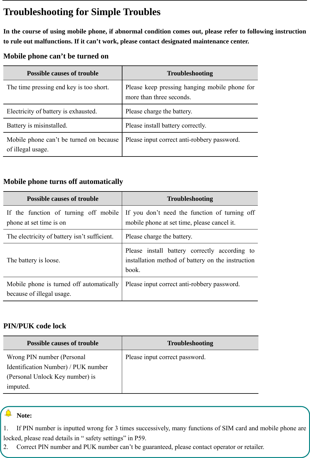  11  Troubleshooting for Simple Troubles In the course of using mobile phone, if abnormal condition comes out, please refer to following instruction to rule out malfunctions. If it can&rsquo;t work, please contact designated maintenance center. Mobile phone can&rsquo;t be turned on Possible causes of trouble  Troubleshooting The time pressing end key is too short.  Please keep pressing hanging mobile phone for more than three seconds.   Electricity of battery is exhausted.    Please charge the battery. Battery is misinstalled.    Please install battery correctly.   Mobile phone can&rsquo;t be turned on because of illegal usage. Please input correct anti-robbery password.  Mobile phone turns off automatically   Possible causes of trouble  Troubleshooting If the function of turning off mobile phone at set time is on If you don&rsquo;t need the function of turning off mobile phone at set time, please cancel it.   The electricity of battery isn&rsquo;t sufficient.    Please charge the battery. The battery is loose.   Please install battery correctly according to installation method of battery on the instruction book. Mobile phone is turned off automatically because of illegal usage.   Please input correct anti-robbery password.  PIN/PUK code lock Possible causes of trouble  Troubleshooting Wrong PIN number (Personal Identification Number) / PUK number (Personal Unlock Key number) is imputed.  Please input correct password.   Note:   1.  If PIN number is inputted wrong for 3 times successively, many functions of SIM card and mobile phone are locked, please read details in &ldquo; safety settings&rdquo; in P59.   2.  Correct PIN number and PUK number can&rsquo;t be guaranteed, please contact operator or retailer. 