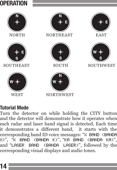 1415  NORTH  NORTHEAST  EAST SOUTHEAST  SOUTH  SOUTHWEST  WEST  NORTHWESTTutorial ModeTurn  the  detector  on  while  holding  the  CITY  button and the detector will demonstrate how it operates when each radar and laser  band signal  is detected.  Each time it  demonstrates  a  different  band,    it  starts  with  the corresponding band ID voice messages: &ldquo;X BAND (BANDA X)&rdquo;,   &ldquo;K  BAND  (BANDA  K)&rdquo;, &ldquo;KA  BAND  (BANDA  KA)&rdquo;, and  &ldquo;LASER  BAND  (BANDA  LASER)&rdquo;,  followed  by  the corresponding visual displays and audio tones.OPERATION