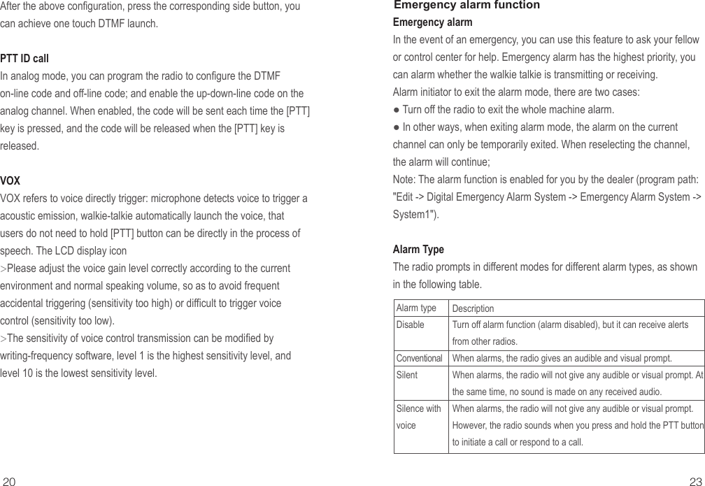 20 23Emergency alarm functionAlarm typeDisableConventionalSilentSilence with voiceDescriptionTurn off alarm function (alarm disabled), but it can receive alerts from other radios.When alarms, the radio gives an audible and visual prompt.When alarms, the radio will not give any audible or visual prompt. At the same time, no sound is made on any received audio.When alarms, the radio will not give any audible or visual prompt. However, the radio sounds when you press and hold the PTT button to initiate a call or respond to a call.After the above configuration, press the corresponding side button, you can achieve one touch DTMF launch.PTT ID callIn analog mode, you can program the radio to configure the DTMF on-line code and off-line code; and enable the up-down-line code on the analog channel. When enabled, the code will be sent each time the [PTT] key is pressed, and the code will be released when the [PTT] key is released.VOX VOX refers to voice directly trigger: microphone detects voice to trigger a acoustic emission, walkie-talkie automatically launch the voice, that users do not need to hold [PTT] button can be directly in the process of speech. The LCD display icon&gt;Please adjust the voice gain level correctly according to the current environment and normal speaking volume, so as to avoid frequent accidental triggering (sensitivity too high) or difficult to trigger voice control (sensitivity too low).&gt;The sensitivity of voice control transmission can be modified by writing-frequency software, level 1 is the highest sensitivity level, and level 10 is the lowest sensitivity level.Emergency alarmIn the event of an emergency, you can use this feature to ask your fellow or control center for help. Emergency alarm has the highest priority, you can alarm whether the walkie talkie is transmitting or receiving.Alarm initiator to exit the alarm mode, there are two cases:● Turn off the radio to exit the whole machine alarm.● In other ways, when exiting alarm mode, the alarm on the current channel can only be temporarily exited. When reselecting the channel, the alarm will continue;Note: The alarm function is enabled for you by the dealer (program path: &quot;Edit -&gt; Digital Emergency Alarm System -&gt; Emergency Alarm System -&gt; System1&quot;).Alarm Type The radio prompts in different modes for different alarm types, as shown in the following table.