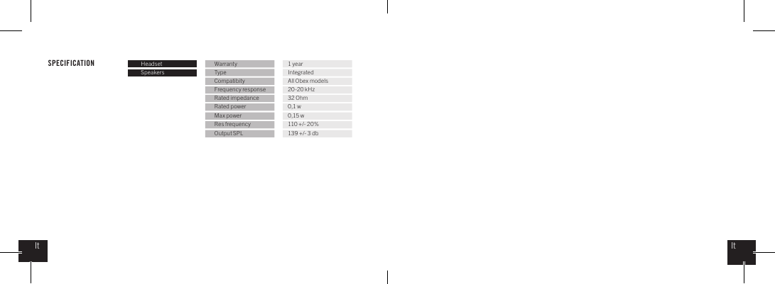 SPECIFICATION Headset Warranty 1 yearSpeakers Type IntegratedCompatibity All Obex modelsFrequency response 20-20 kHzRated impedance 32 OhmRated power 0,1 wMax power 0,15 wRes frequency 110 +/- 20%Output SPL 139 +/- 3 dbItIt