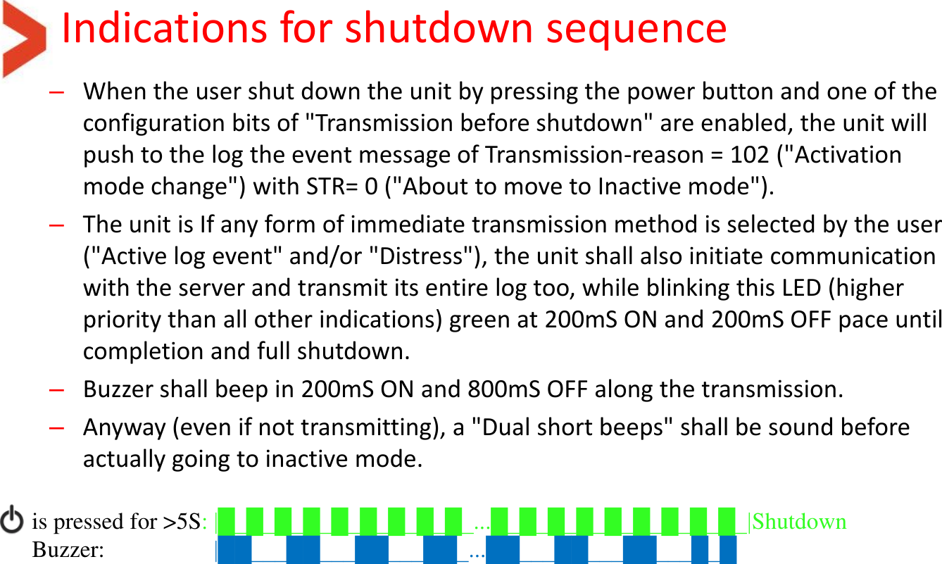 Indications for shutdown sequence –When the user shut down the unit by pressing the power button and one of the configuration bits of &quot;Transmission before shutdown&quot; are enabled, the unit will push to the log the event message of Transmission-reason = 102 (&quot;Activation mode change&quot;) with STR= 0 (&quot;About to move to Inactive mode&quot;). –The unit is If any form of immediate transmission method is selected by the user (&quot;Active log event&quot; and/or &quot;Distress&quot;), the unit shall also initiate communication with the server and transmit its entire log too, while blinking this LED (higher priority than all other indications) green at 200mS ON and 200mS OFF pace until completion and full shutdown. –Buzzer shall beep in 200mS ON and 800mS OFF along the transmission. –Anyway (even if not transmitting), a &quot;Dual short beeps&quot; shall be sound before actually going to inactive mode.          is pressed for &gt;5S: |█_█_█_█_█_█_█_█_█_...█_█_█_█_█_█_█_█_█_|Shutdown       Buzzer:     |██___██___██___██_...██___██___██___█_█   